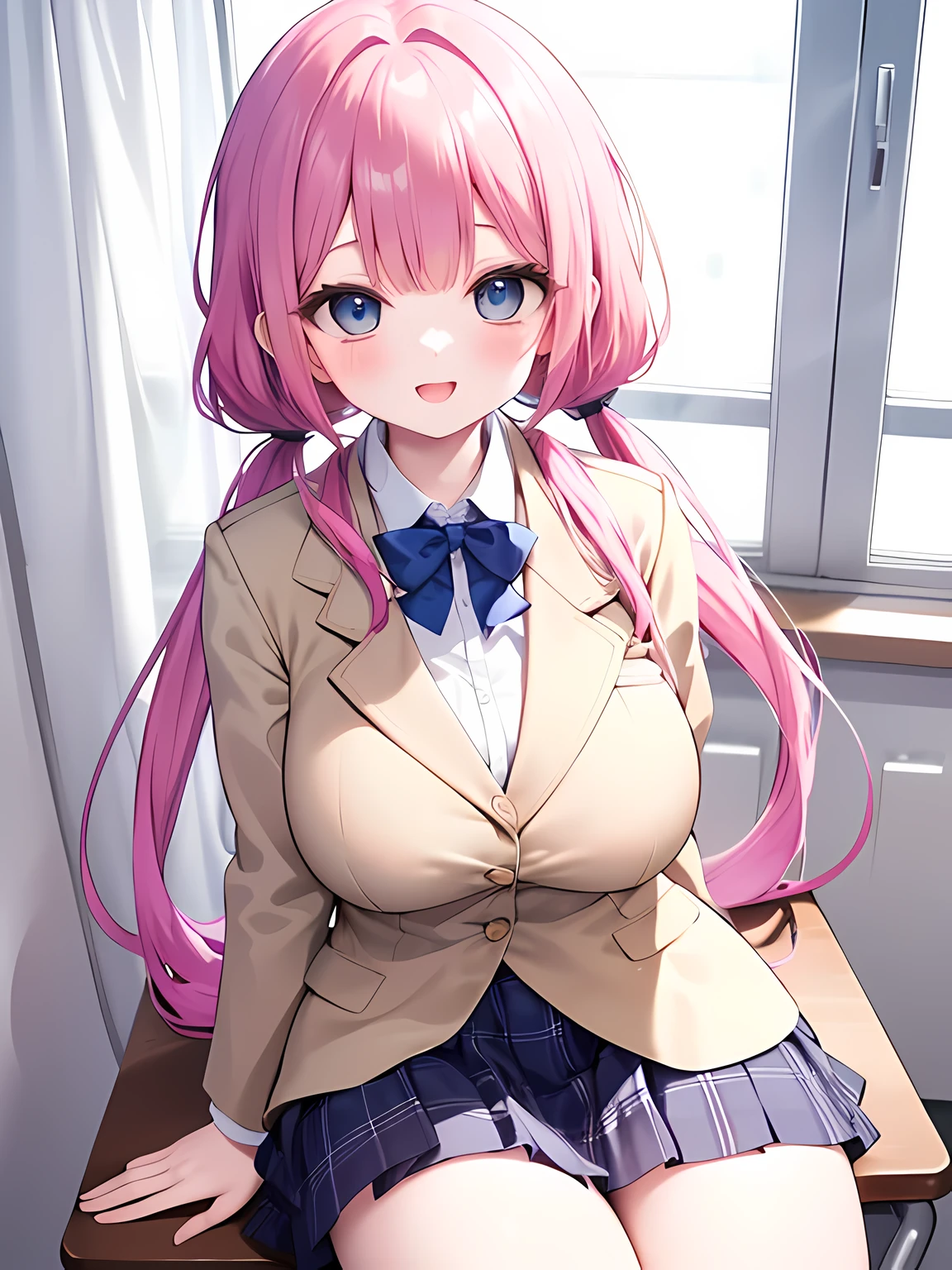 masterpiece,highest quality,(Super detailed),written boundary depth,perfect sentence, Detailed CG,Super detailed,(highly detailed eyes,very cute face,highly detailed face:1.3),beautiful anime girl,(solo girl:1.9),(super huge breasts:1.6),(pink hair,low twin tails:1.5),(light blue eyes:1.3),(smile full of joy:1.3),open your mouth,show viewer,break,(university uniform,white blazer,black collared shirt:1.5),blue ribbon tie,chest pocket,Blue Tartan Plaid Pleated Skirt,micro mini skirt,white knee socks,classroom,curtains swaying in the wind,break,cowboy shot,sit at desk,put both hands on your chest