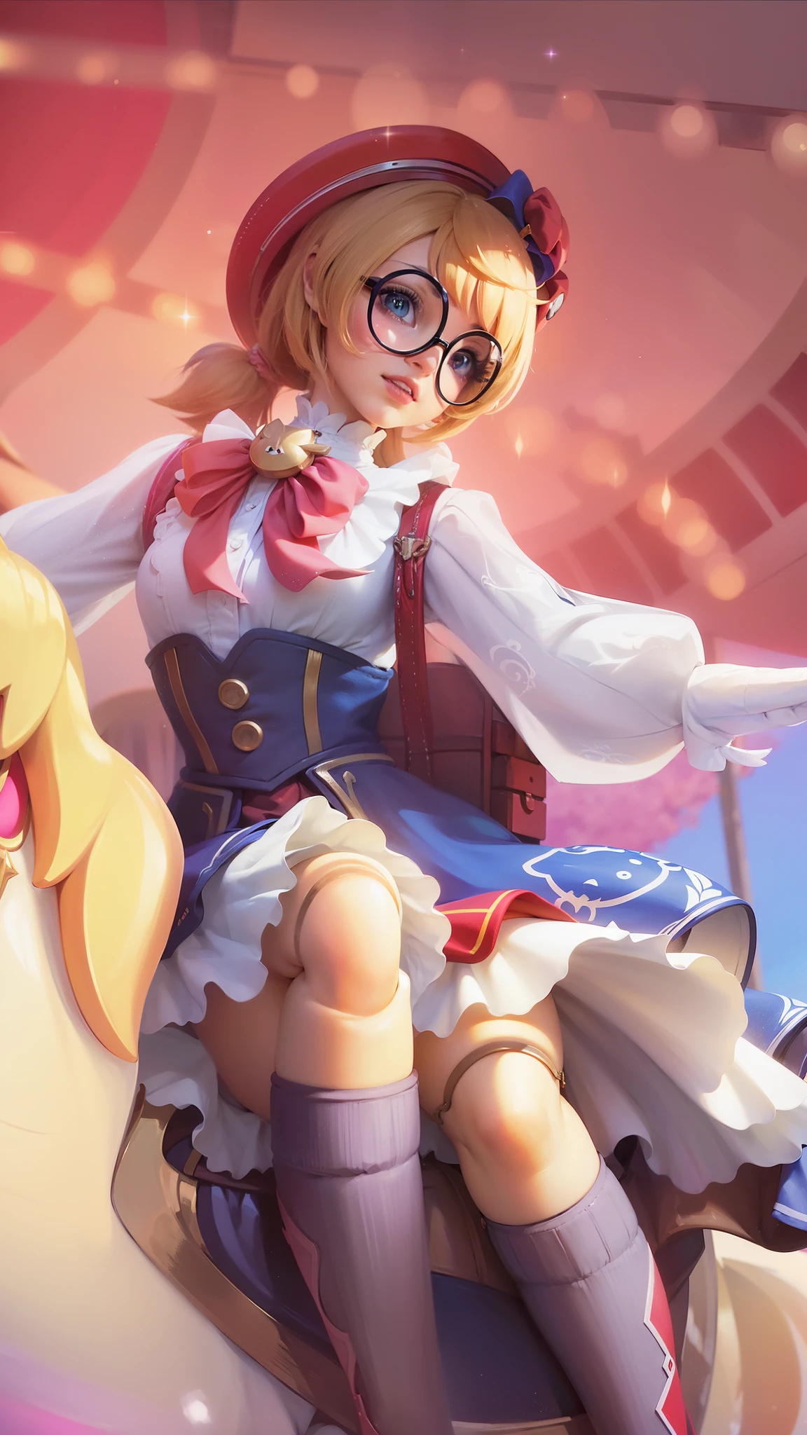 (8k, RAW photo, photorealistic:1.25) ,( lipgloss, eyelashes, gloss-face, glossy skin, best quality, ultra highres, depth of field, chromatic aberration, caustics, Broad lighting, natural shading, anime girl riding a horse with a red hat and glasses, splash art anime , cushart krenz key art feminine, , extremely detailed artgerm, ! dream artgerm, style artgerm, portrait of magical girl, small curvy , league of legends style art, wlop and sakimichan, detailed key anime art.