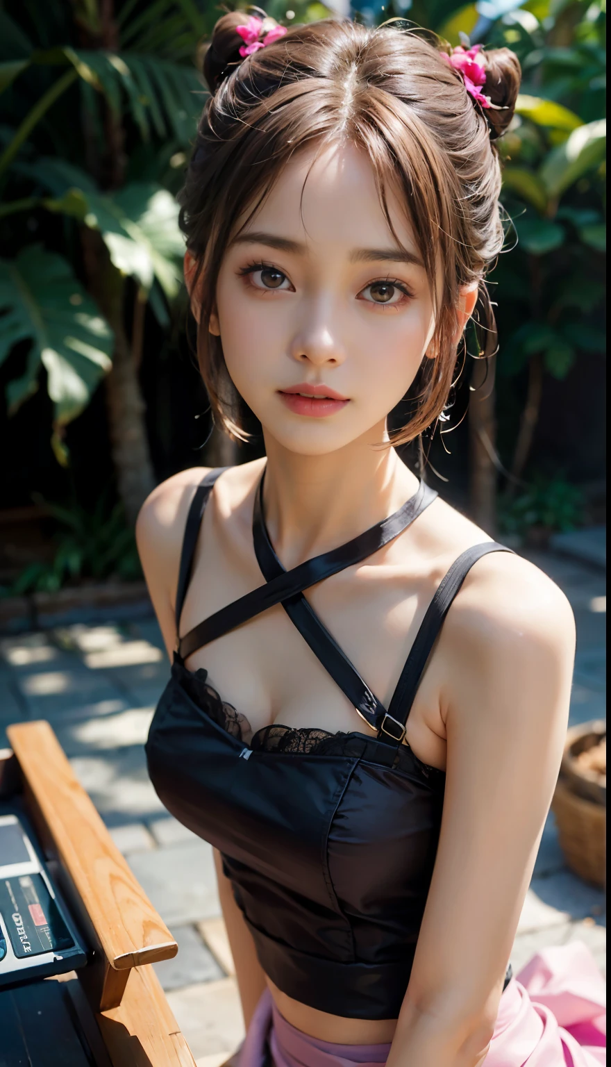 (Raw photo、highest quality)、(realistic、Photoreal:1.3)、highest quality、masterpiece、very delicate and beautiful、A hvery detailed、nffsw、sense of oneness、2k wallpaper、grow、Beautiful in every detail、masterpiece、smile、highest quality、Hvery detailed ticker Unity 8K wallpapers、huge file size、super detailed、High resolution、very detailed、1 female、Because I&#39;m slender、D cup、(black leotard top:0.7)、(pink skirt:1.2)、(bun hair)、(brown haired)、looking at the viewer、sharp focus、close up of face、NSFW、、、、Pueros face_v1:0.8 short hair、