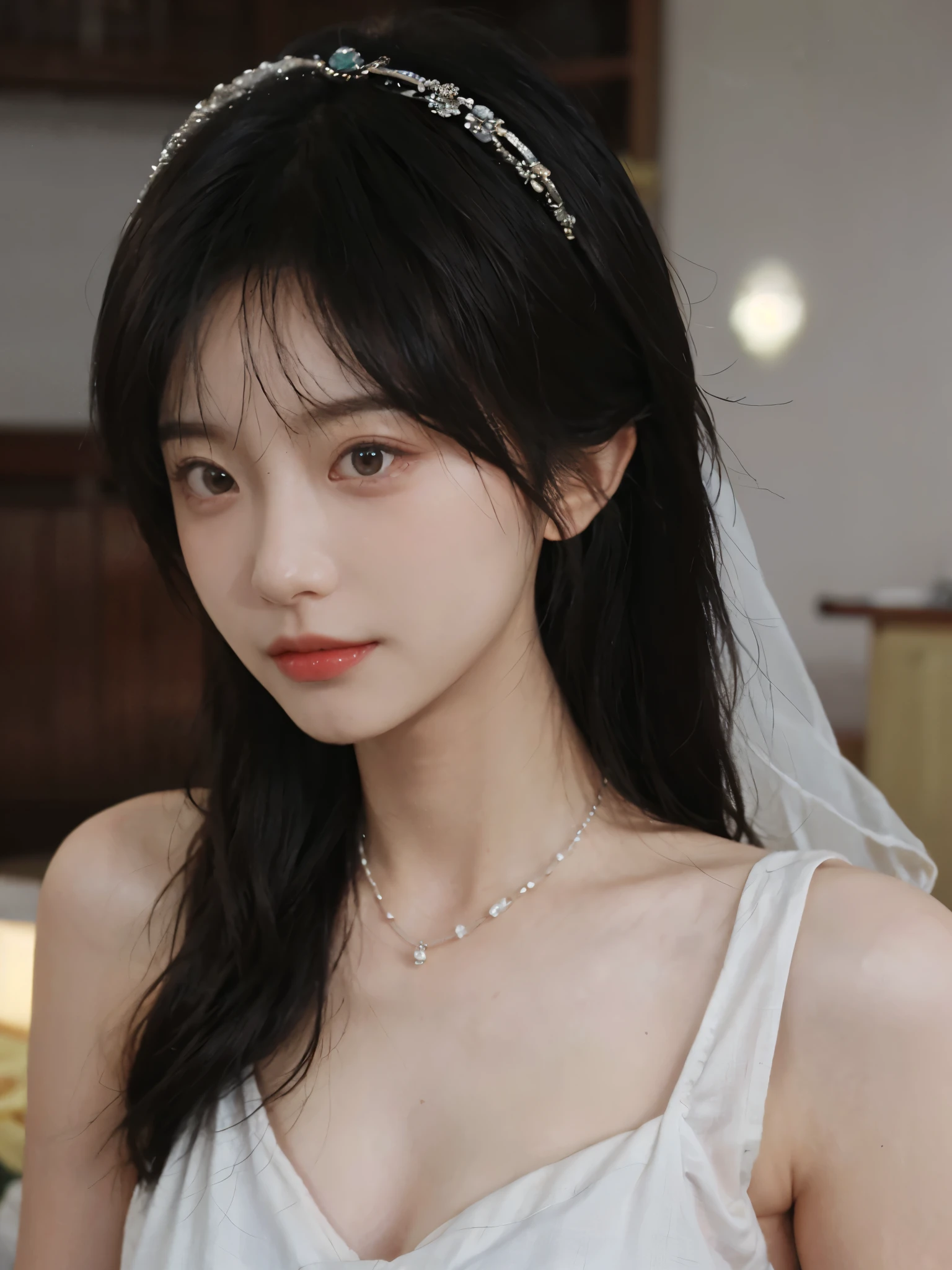 best quality， ultra high resolution， （realistically：1.4），cute hairpin，Baoyu Girl，Standing in the wedding hall，（flat chest：1.2） ，A pair of clear and charming peach blossom eyes,Royal sister，The sun shines on the face，Big wavy hairstyle，（necklace：1.2），（White skin：1.4），a sense of atmosphere，a beautiful girl，Looking directly at the viewer， Close-up cleavage ，(lifelike:1.4),1 girl,Sexy,(Upper body:1.4),(wet),(:1.2)