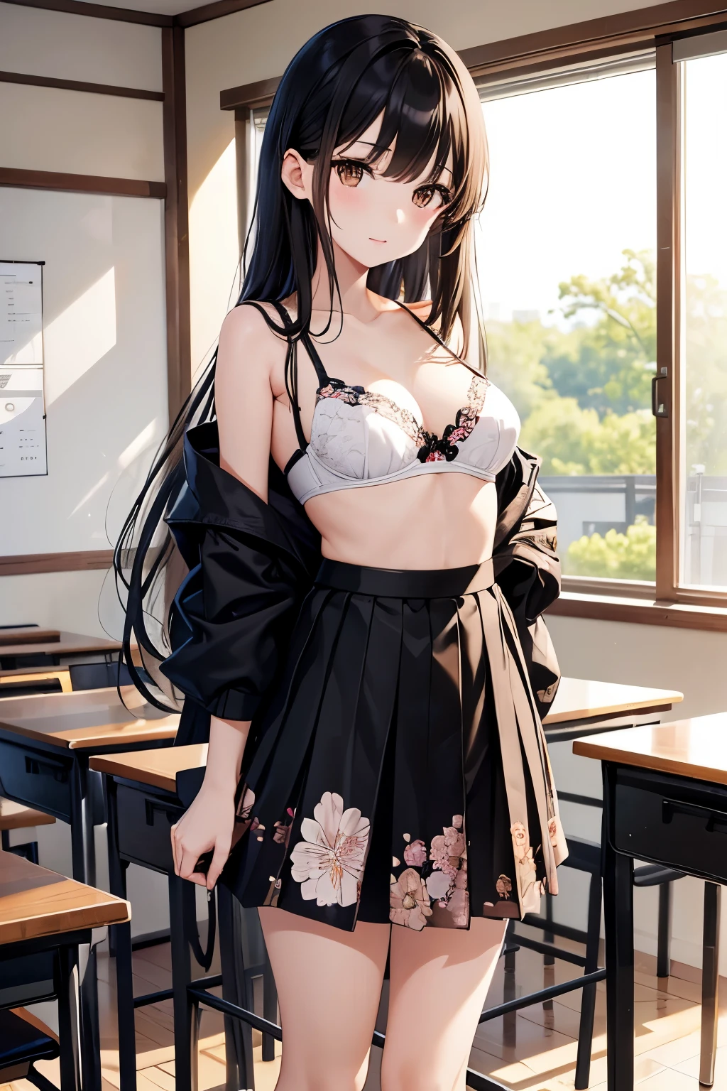 best quality, Japanese、brown eyes、Slender、tall、8k、girl, highres,black hair、long hair、classroom、(white bra with floral pattern)、(black skirt)、standing position、facing left