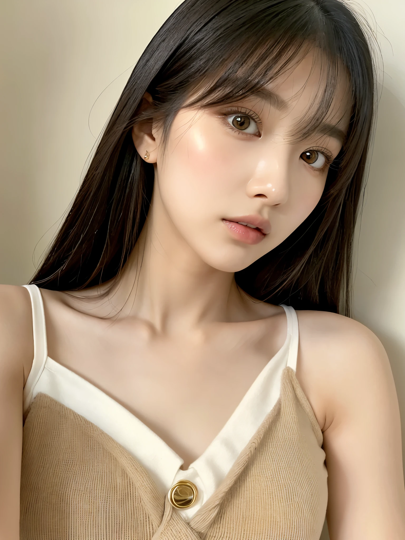 korean girl with clear and flawless skin, almond-shaped, foxy green eyes that exude an intense and captivating gaze, along with an intense and seductive gaze. small and button nose, plump heart-shaped lips, and a slim defined jaw. long, straight, and silky black hair. she's doing a live on weverse app, wearing a beige top with a thin eyeliner and natural gloss, with gold jewelry. modern, minimalist, and luxurious bedroom with a full white background and subtle golden decor.