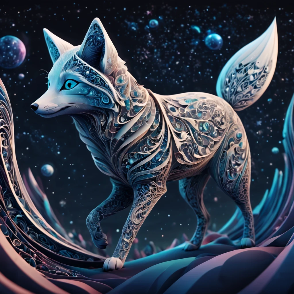 (best quality, highres, ultra sharp), magical artic fox , about the curvature of space time, walking over the area, art deco, zentangle, 3d crunch, cinematic