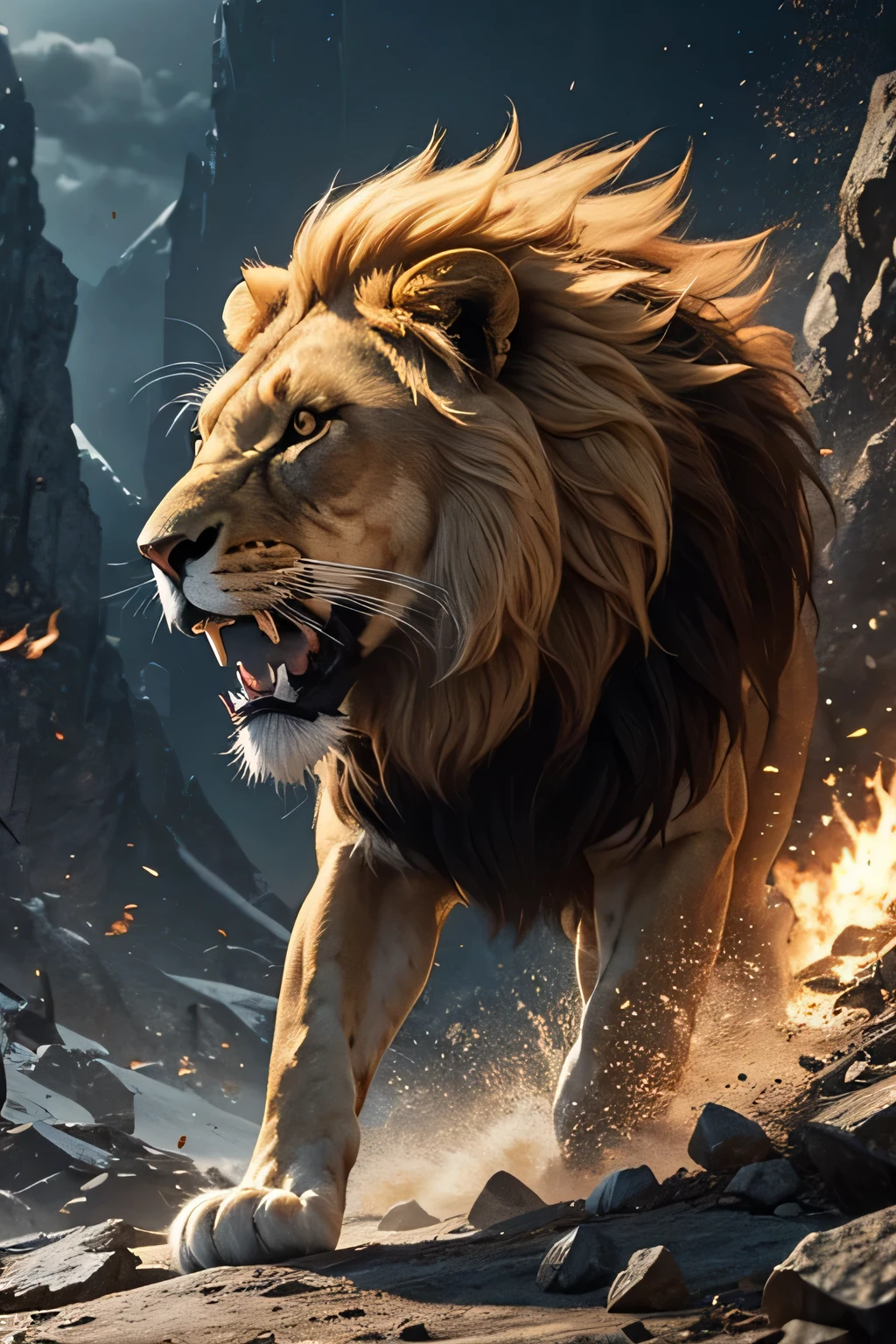 a lion head, with rambo color, mouth open, angry motion