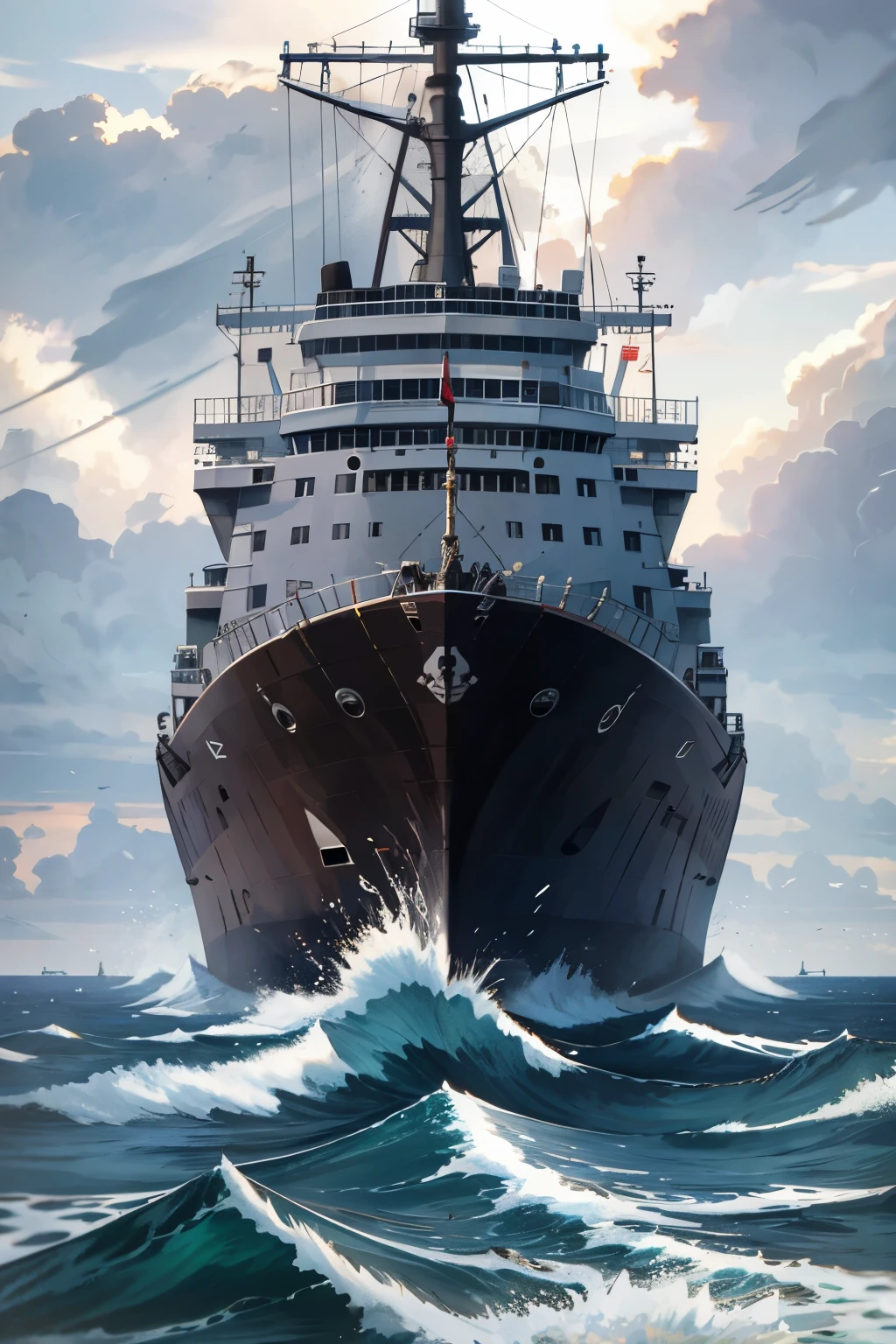 Ultra-realistic, masterpiece profile shot of a cargo ship battling the tumultuous sea. A commanding presence against the vast expanse of water, every detail meticulously captured in high definition. The ship's intricate features, from the stacked containers on deck to the Lifeboats and anchors, stand out against the raw power of the waves. The hull of the ship, battered by the relentless onslaught, is etched with a complex interplay of light and shadow. Salt spray (1.0) coats the deck and funnel, adding a gritty texture to the image. The sun beats down, casting long, dramatic shadows (1.3) on