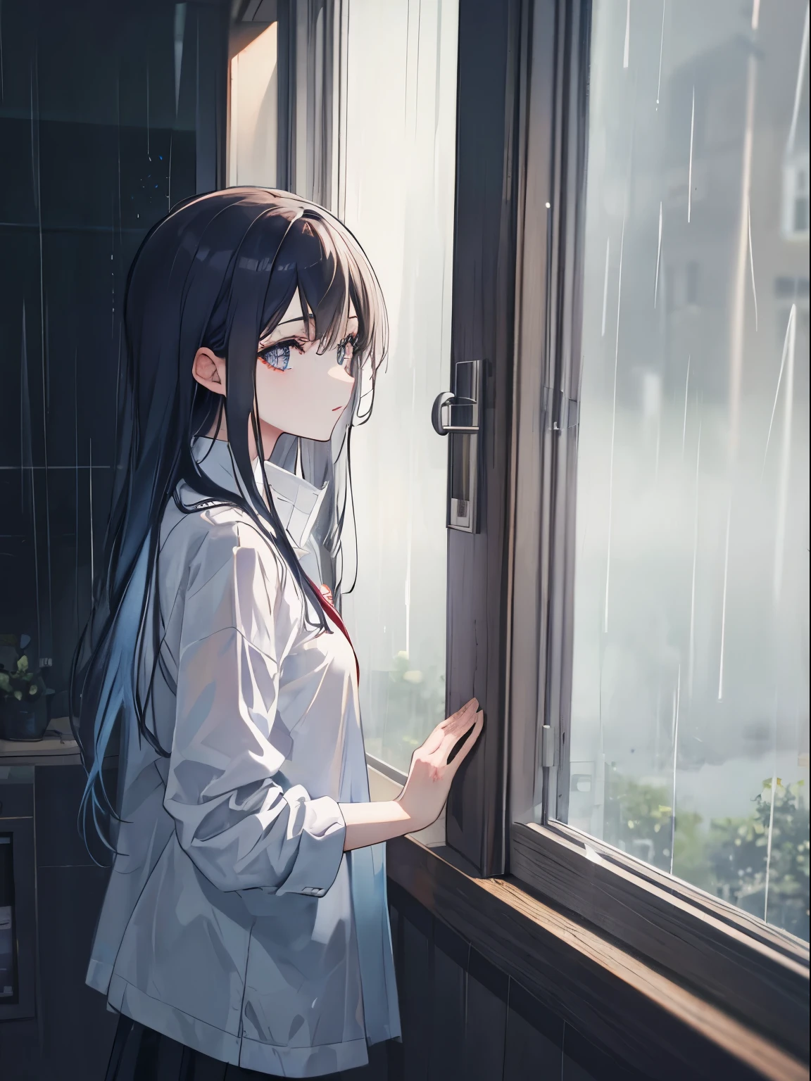 She looks at the rain outside the window