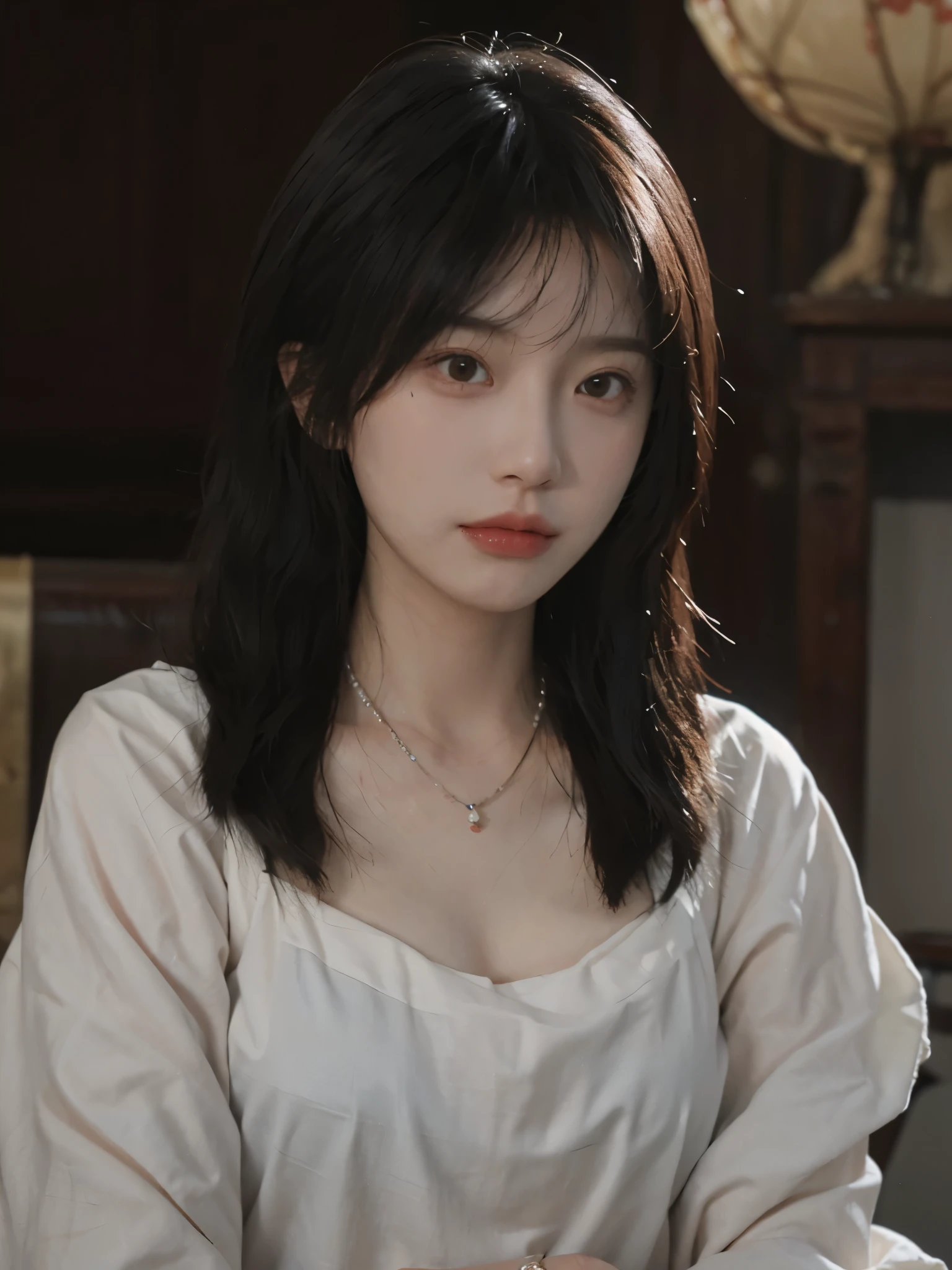 best quality, ultra high resolution, (realistically:1.4),cute hairpin,Baoyu Girl,Standing in the wedding hall,(flat chest:1.2) ,A pair of clear and charming peach blossom eyes,Royal sister,The sun shines on the face,Big wavy hairstyle,(necklace:1.2),(White skin:1.4),a sense of atmosphere,a beautiful girl,Looking directly at the viewer, Close-up cleavage ,(lifelike:1.4),1 girl,Sexy,(Upper body:1.4),(wet),(:1.2)