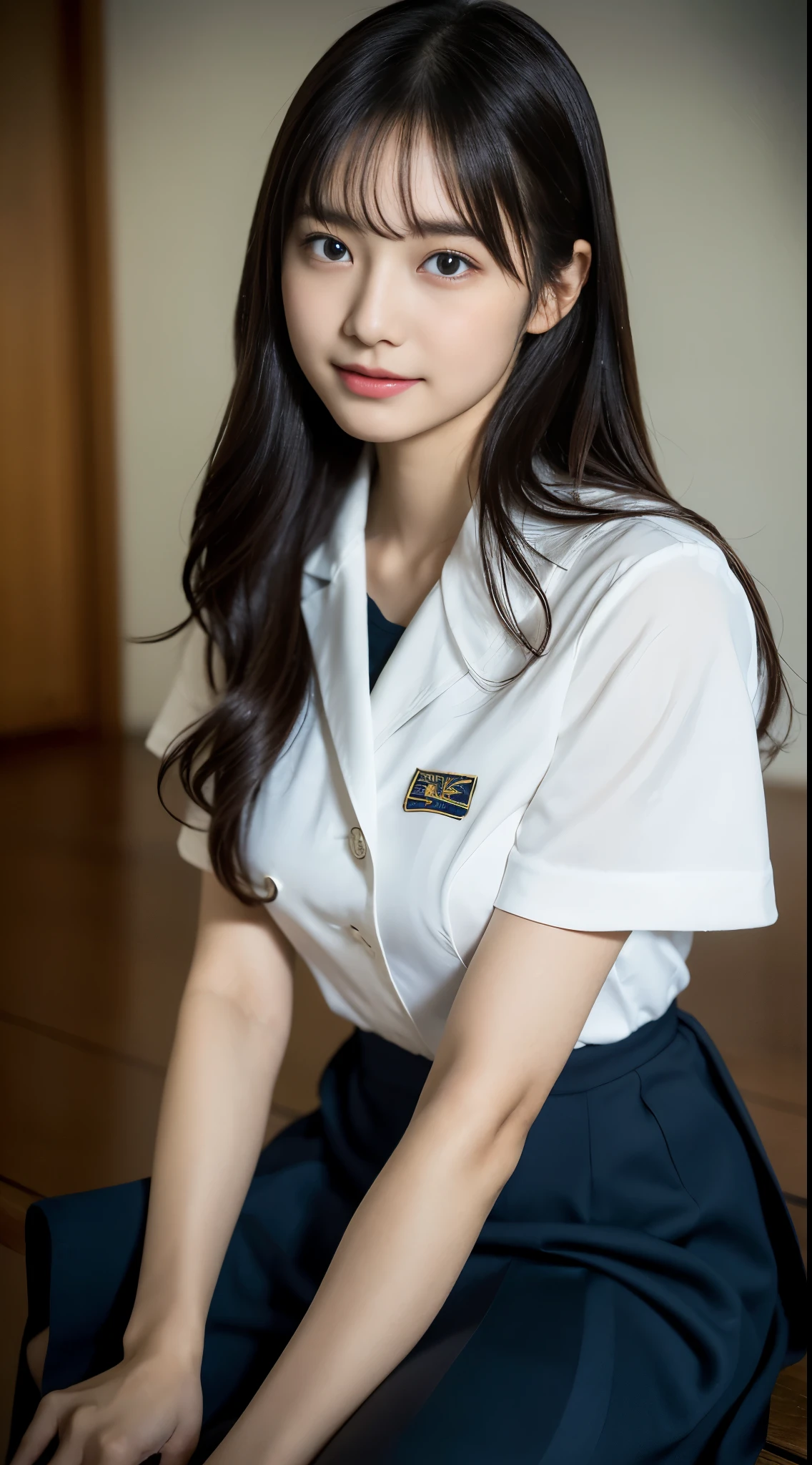 (((32k,high details,high detail、masterpiece,attention to detail,Full body Esbian,solo))),RAW photo & realistic atmosphere,beautiful dark blue eyes,detailed mouth,glossy lips,fine eyebrows,Detailedly drawn eyes、Soft white skin that shines in every detail、deep blue eyes,very beautiful eyes,lip details、very beautiful face,very well-shaped face、lifelike face,shining beautiful lips, Realistic young gravure idol, very beautiful high school girl, , young sensual gravure idol, young gravure idol, Beautiful and very cute like an adult16 years old ,the whole body is wet,dripped down,with a flushed face,very beautiful, sexy and classy16 oldの女の子,medium-long brown shiny hair,my hair is wet,Fine water droplets shining on hair,(looking at camera:1.4),(darkness,very dark,Use a flashlight to illuminate your subject in a pitch-black classroom with no lights:1.7),(Sexy,healthy and toned body,High Detail High Definition High Definition Japan HDTV Black HDTV High Definition Black High Definition Black High Definition High Definition Black High Definition High Definition Uniform,Slightly larger and well-shaped breasts,,,mature body, I feel anxious and want to cry,Moist eyes,cold smile,It was glaring,It was glaring顔も美しい,high resolution arm,,high resolution fingers,:1.5),(The chest of the uniform is sexy,The way she sits with her legs up while wearing black pantyhose is sexy.,A high school girl wearing an elegant black and blue uniform sits upright、lift your skirt shyly:1.8)