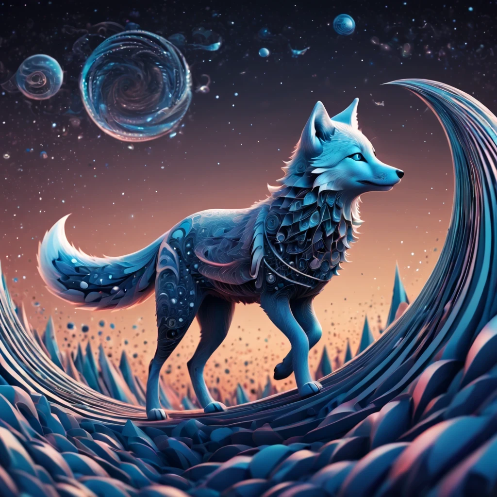 (best quality, highres, ultra sharp), magical artic fox , about the curvature of space time, walking over the area, art deco, zentangle, 3d crunch, cinematic