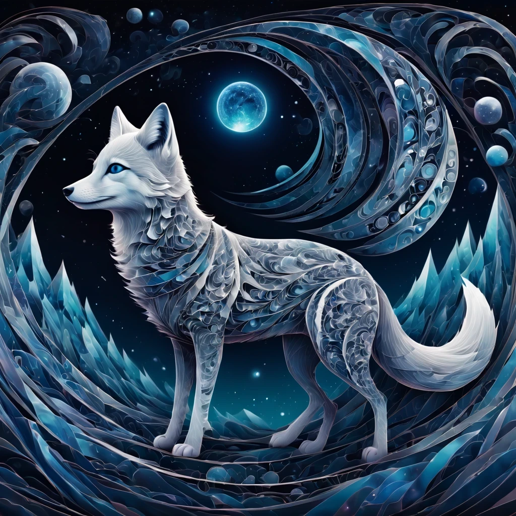 (best quality, highres, ultra sharp), magical artic fox , about the curvature of space time, walking over the area, art deco, zentangle, 3d crunch, cinematic