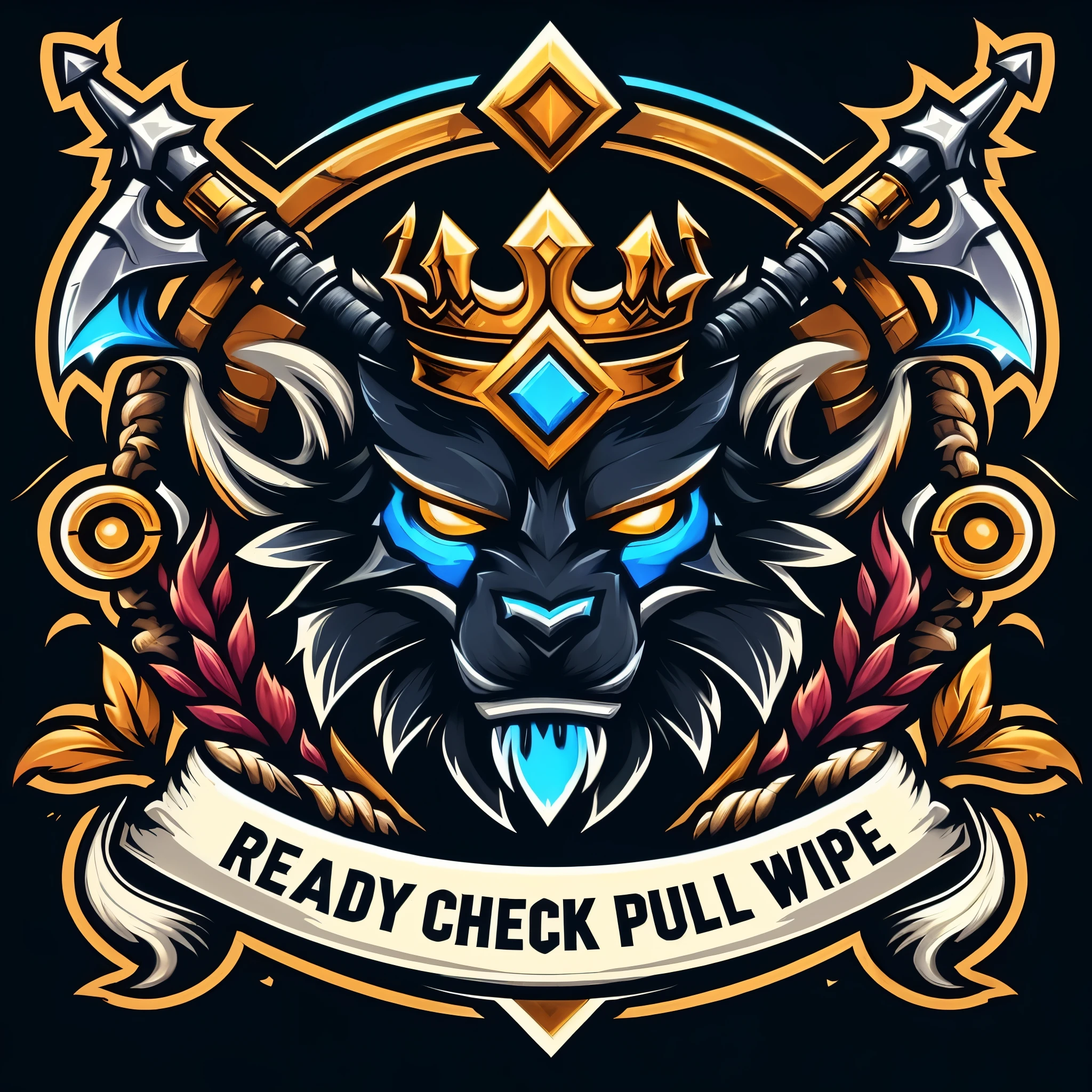 a close-up of a logo with a horned head and two swords, foto de perfil discordante, projeto de remendo, mascot illustration, design de logotipo de patch, arte detalhada limpa, high quality dnd illustration, arte completa illustration, no estilo de wold of warcraft, arte completa, estilo de hidro74, olhar fixo, shoulder projeto de remendo, estilo de arte de fantasia hearthstone, design for magic the meeting