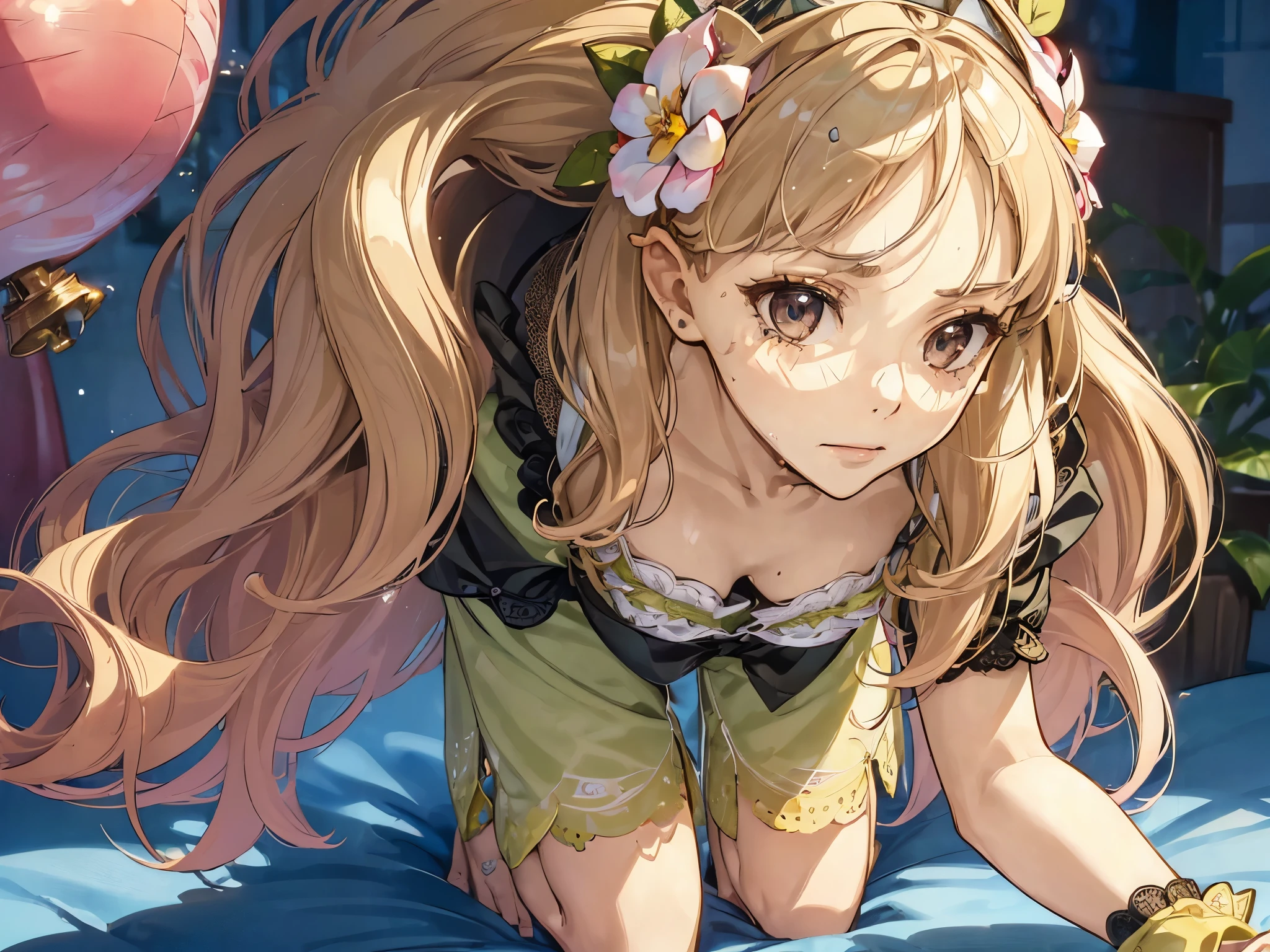 (masterpiece, absurd quality, best quality, official art, beautiful and aesthetic:1.2), 16K, cute it girl, extreme detailed, digital art, colorful, highest detailed, vivid color, (transform sequence), babyface, cinematic lighting, (from below:1.5), dynamic angle, landscape, (dirty clothes:1.5), scenery, (soro:1.5), (1girl:1.5), (indoors:1.5), bedroom, lamp, (hotel room:1.3), charayesha, hair flower, flower,(extreme detailed lips:1.3), eyelashes, extremely detailed face, (perfect legs, perfect hands, perfect anatomy:1.1), depth of field, dappled sunlight, beautiful lighting, chibi, (floating hair:1.3), detailed skin, shiny, (suspended:1.5), (Uplifting:1.5), (sexual feeling:1.2), shiny skin, shiny hair, shiny face, shiny skin, (voluminous frills skirt,:1.5) ,(voluminous panniers in skirt:1.5), (orgasm face:2.0), (covered the viewer:1.5), disheveled clothes, (woman on top, vaginal:1.5), (upper body:1.5), (close up upper body:1.8), (happy:1.5), upper body focus, (seductively posing on all fours on a bed, looking down flirtatiously:1.8), hug the vier, (close up face:2.0), from front,