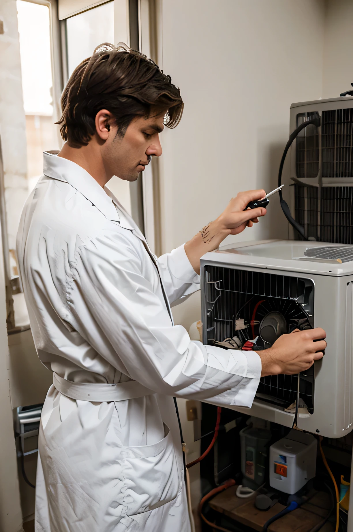make a man fix an air conditioner, in a work robe