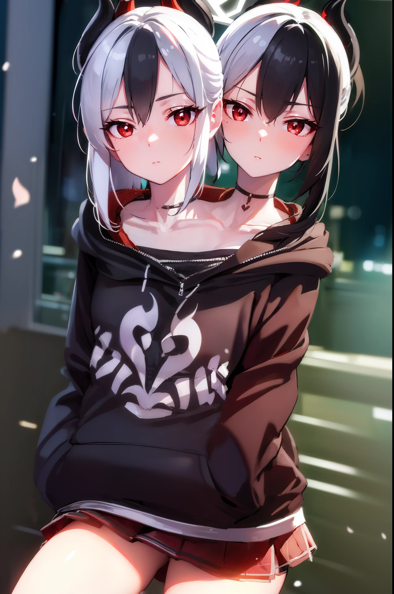 (2heads:1.4), kayokoonikata, kayoko onikata, black hair, demon horns, hair between eyes, halo, horns, long hair, low wings, mole, mole on collarbone, multicolored hair, ponytail, (red eyes:1.5), single wing, two-tone hair, white hair, wings,
BREAK black hoodie, choker, hood, hoodie, pleated skirt, skirt, red skirt,
BREAK outdoors, city, sky, raining,
BREAK looking at viewer, (cowboy shot:1.5),
BREAK (masterpiece:1.2), best quality, high resolution, unity 8k wallpaper, (illustration:0.8), (beautiful detailed eyes:1.6), extremely detailed face, perfect lighting, extremely detailed CG, (perfect hands, perfect anatomy),