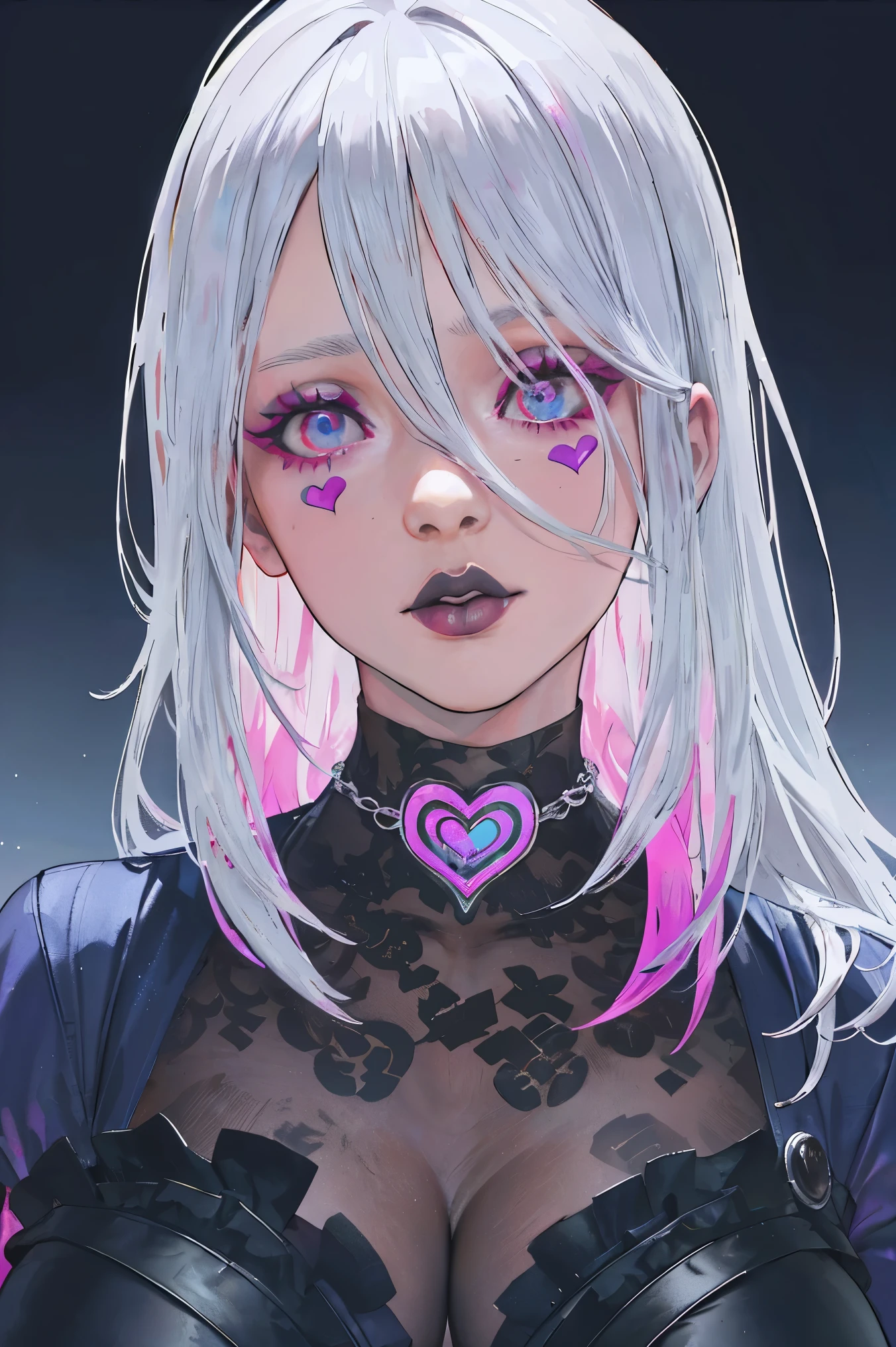 (masterpiece), (best quality), ultra res, highly detailed, turned at viewer, anime style, (face shoot), white hair with pink at the ends, gothic dress, dead by daylight sable ward, sable, (looking at viewer), heart symbol on her right side of face, dark makeup, walking in a beach with night time and romantic moonlight