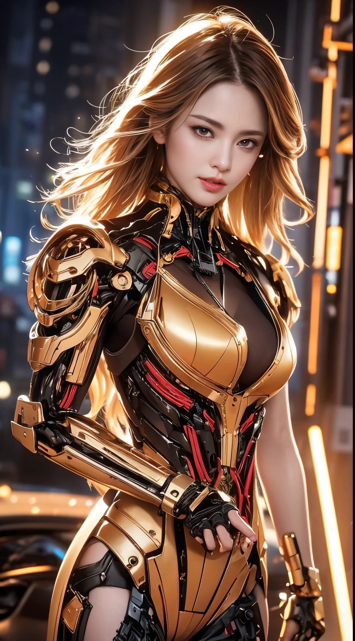 (1 Mechanical Girl)、highest quality、masterpiece、超A high resolution、(Photoreal:1.4)、RAW photo、1 girl、golden hair、glowing skin、(((1 Mechanical Girl)))、(Small LED)、((Ultra realistic details))、Portrait、global illumination、Shadow、octane rendering、8k、super sharp、big breasts、Raw skin exposed in cleavage、Metal、intricate decorative details、Japan details、very intricate details、realistic light、CG Society Trends、red eyes、shining eyes、towards the camera、neon detailechanical limbs)、(blood vessels connected to tubeechanical vertebrae attached to the back、cervical vertebrae mechanically attached to the neck、(Wires and cables connecting to the head)、gundam、Small LED、,mechanical thighs、two stock、