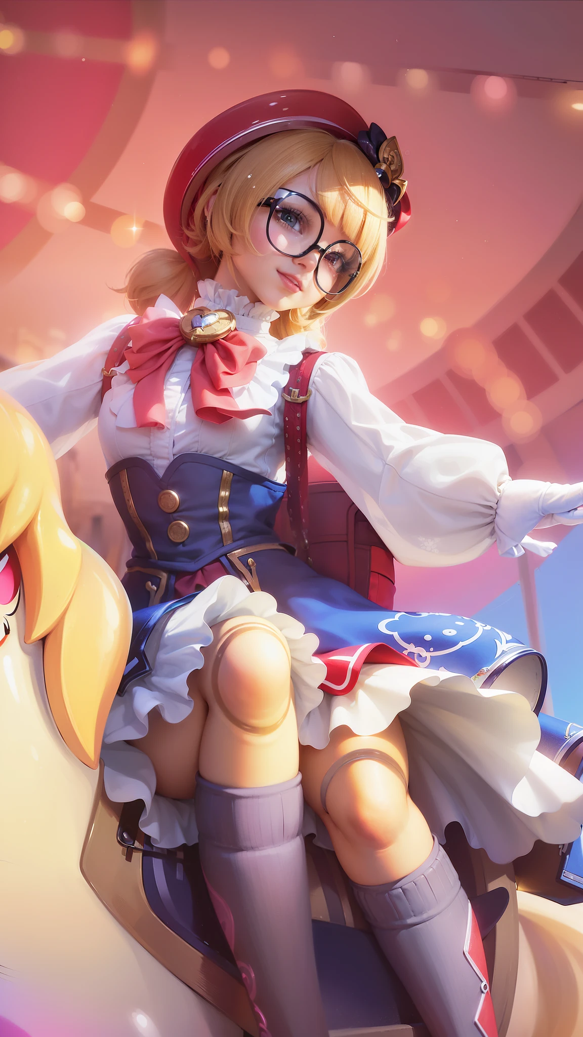 (8k, RAW photo, photorealistic:1.25) ,( lipgloss, eyelashes, gloss-face, glossy skin, best quality, ultra highres, depth of field, chromatic aberration, caustics, Broad lighting, natural shading, anime girl riding a horse with a red hat and glasses, splash art anime , cushart krenz key art feminine, , extremely detailed artgerm, ! dream artgerm, style artgerm, portrait of magical girl, small curvy , league of legends style art, wlop and sakimichan, detailed key anime art, smile.