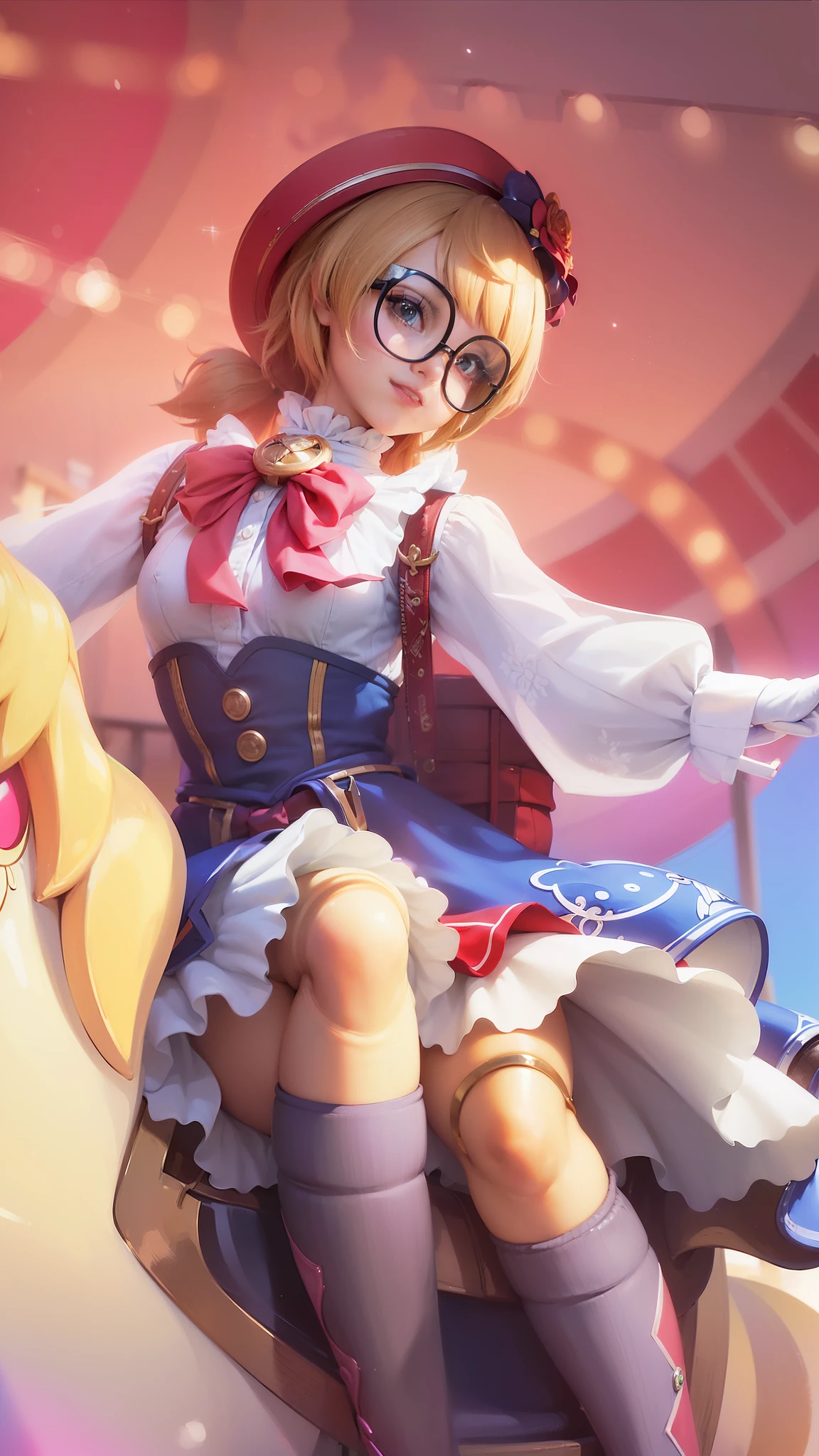 (8k, RAW photo, photorealistic:1.25) ,( lipgloss, eyelashes, gloss-face, glossy skin, best quality, ultra highres, depth of field, chromatic aberration, caustics, Broad lighting, natural shading, anime girl riding a horse with a red hat and glasses, splash art anime , cushart krenz key art feminine, , extremely detailed artgerm, ! dream artgerm, style artgerm, portrait of magical girl, small curvy , league of legends style art, wlop and sakimichan, detailed key anime art, smile.