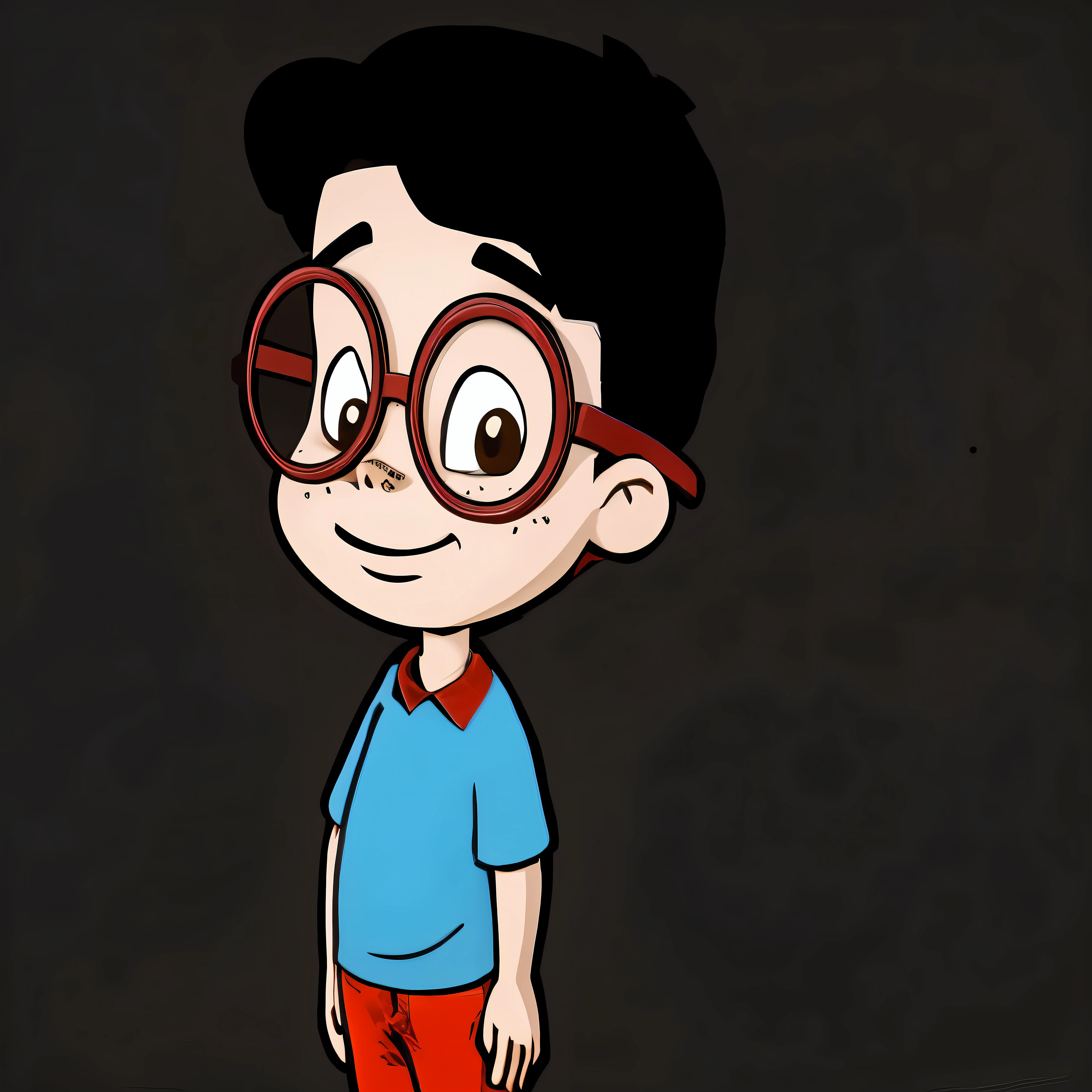 cartoon boy with glasses and a blue shirt in front of a black background, in estilo de desenho animado, desenho animado 2d, Desenho animado 2D, Personagem de desenho animado, estilo de desenho animado illustration, animation character, simple estilo de desenho animado, desenho animado ainda, estilo de desenho animado, cute Personagem de desenho animado, estilo de arte dos desenhos animados, inspirado em Leo Leuppi, 2D rendering, pintura digital de desenho animado, sombreamento de desenho animado