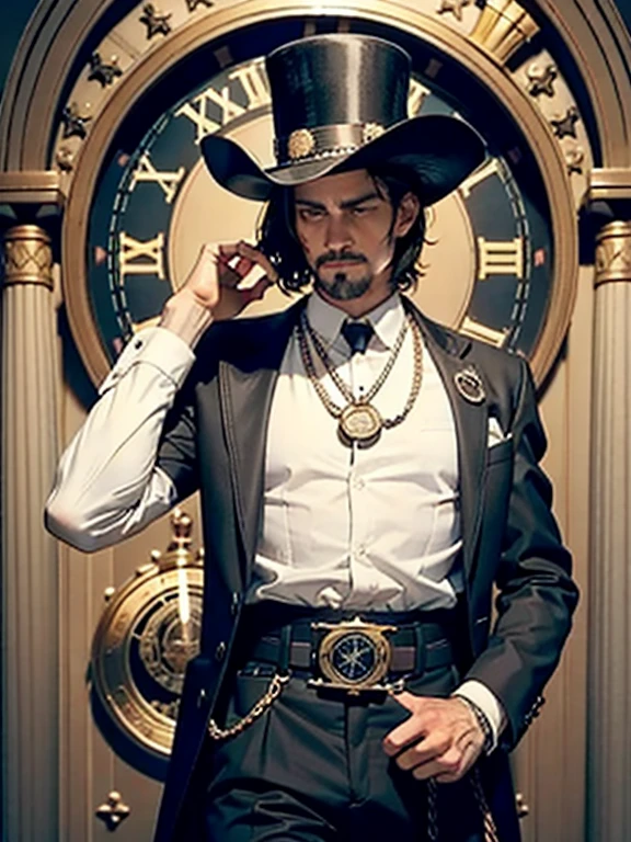 Criar um cartaz com um homem negro, de barba e bigode, cabelo curto, With your arms crossed and dress clothes.