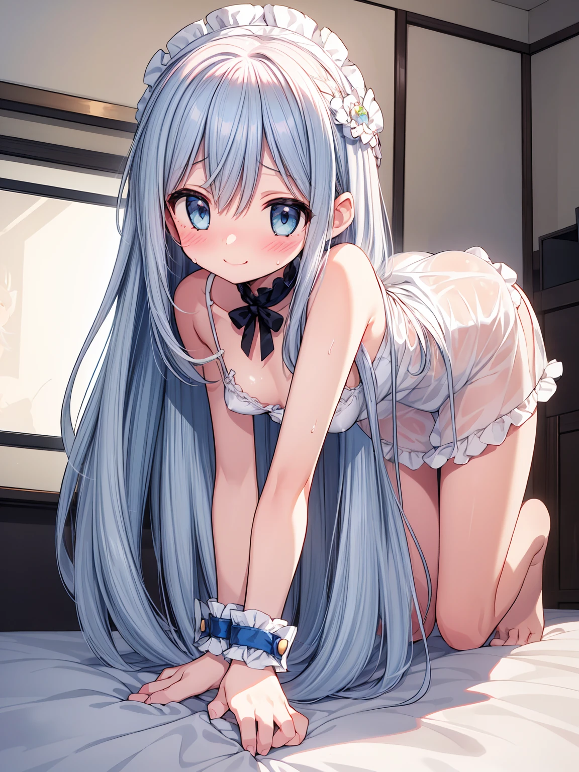 masterpiece, best quality, extremely detailed, (illustration, official art:1.1), 1 girl ,(((( light blue long hair)))), light blue hair, ,, long hair ((blush)) , small breasts,cute face, big eyes, masterpiece, best quality,(((((a very delicate and beautiful girl))))),Amazing,beautiful detailed eyes,blunt bangs((((little delicate girl)))),tareme(true beautiful:1.2),seductive smile, sense of depth,dynamic angle,,,, (show off own areola slip:1.2)affectionate smile, ,(tiny 1girl model:1.2) ((masterpiece, best quality, extremely detailed, absurdres)), focused leg, wet, sweat, shiny skin, open stance,, restrained, , point light, sweatdrop,light smile, gasping , spread legs,show panties, feet, (embarrassed, nose blush,),,reflected light, absurderes, hight resolution, (illustratio: 1.3)、 ((masutepiece)), animesque、((Best Quality)), (Ultra-detailed), (Beautiful), ((Kawaii girl gets on all fours in bed:1.6)), (:1.7), solo,(12year old:1.6)、Beautiful face、full body Esbian、white and clear skin、Emerald blue eyes、long hair in pale blue pastel colors,,,,,,,,,、Be shy and look away、(See-through pink dress:1.2)、(King-size bed in the hotel)、low angles、full body Esbian