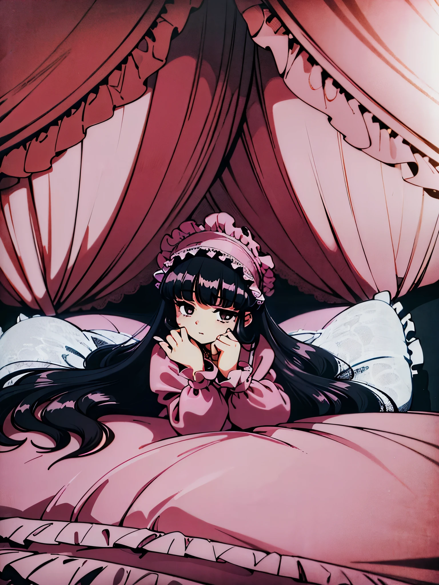 ,highest quality, masterpiece, highest resolution, artwork, super それにget used to it, many get used to it, get used to it, それにget used to it, 3K anime illustration,(( girl)),Super detailed baby face,hty small face,long black hair,Japanese,landmine girl,pajamas,,curly hair,((((ピンクのロリータファッションのlong skirtのワンピースドレス)))),((フリルとリボンがたっぷりついたピンクの可愛らしいpajamas)),((Luxurious pink headdress with frills and ribbons)),((((black ruffles and lace)))),detailed headdress,,(((big yoke collar))),Yoke collar with ruffles and ribbons,((((long sleeve)))),ruffle sleeves,((((long skirt)))),pink and black pillow with large ruffles and ribbons,(((Nice pink outfit))),豪華なcanopy bedの上,canopy bed,The bed is surrounded by luxurious curtains,There are many pink and black frilly pillows on the bed.,Behind the girl are many pink and black frilly pillows...,super detailed background,detailed bed,((((pink duvet with black lace and ruffles)))),soft pink comforter,Highly detailed soft ruffle pillow,Beautiful girl illustration,detailed beautiful face,thin hair,detailed eye ,detailed eyes,detailed mouth, arm details,fine hands,Detailed pillow,wide bed,Illustration on the bed, ,((((round futon)))),((((A large pink futon that covers the entire bed)))),detailed comforter,detailed bedシーツ,Before bedtime,romantic atmosphere,palace bedroom,((((The lower body is hidden under a large futon....)))) The girl is leaning on a pile of pillows, ,((((round futon)))),((((Large pink ruffle comforter with black ruffles and lace covering the entire bed)))),look at me with contempt,Hold your hands,bring both hands close to the mouth,