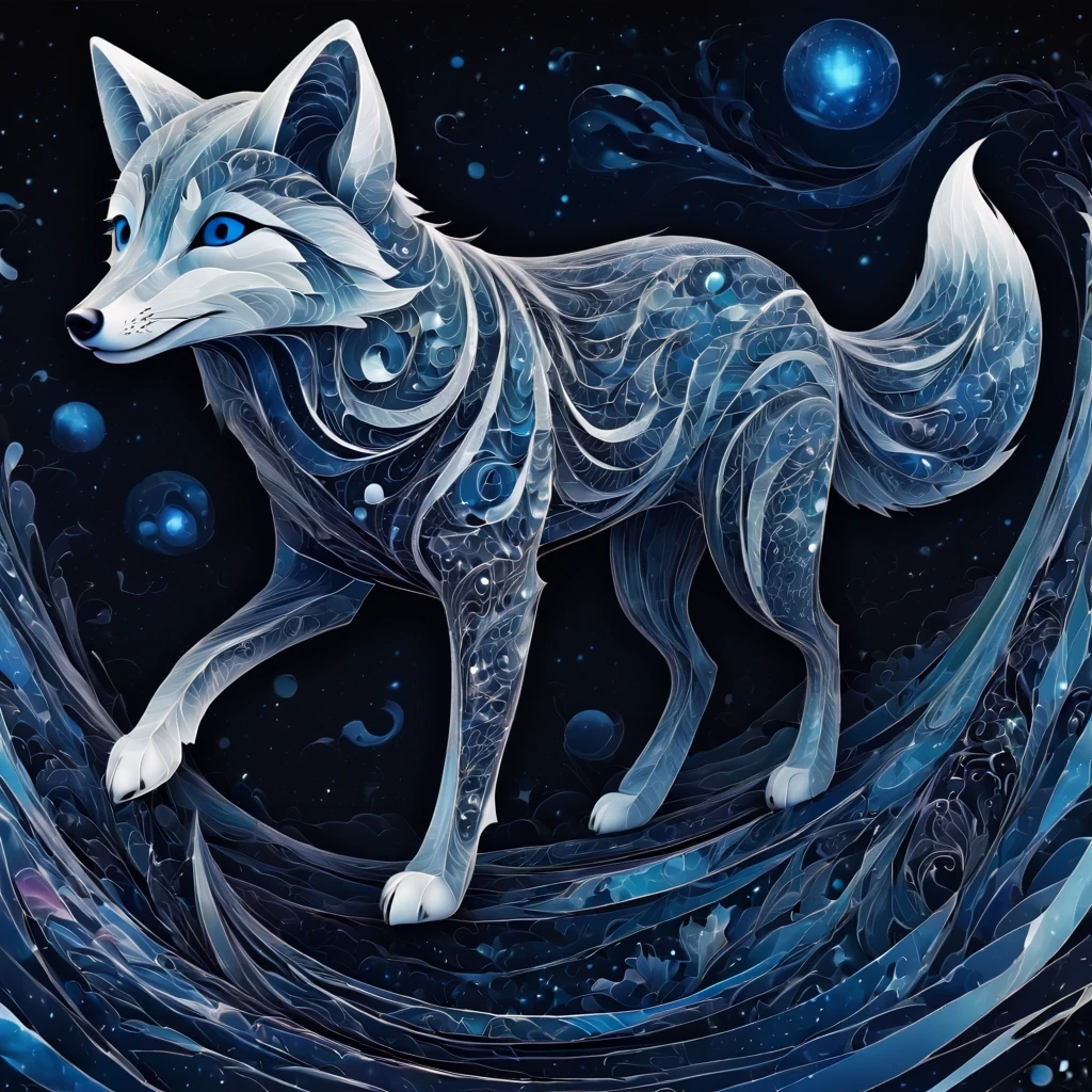 (best quality, highres, ultra sharp), magical artic fox , about the curvature of space time, walking over the area, art deco, zentangle, 3d crunch, cinematic
