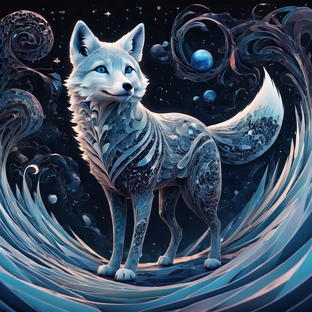 (best quality, highres, ultra sharp), magical artic fox , about the curvature of space time, walking over the area, art deco, zentangle, 3d crunch, cinematic