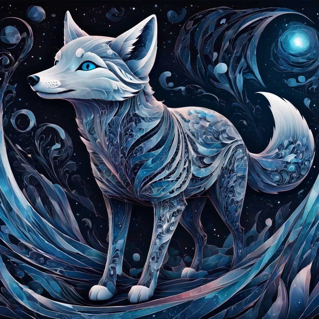 (best quality, highres, ultra sharp), magical artic fox , about the curvature of space time, walking over the area, art deco, zentangle, 3d crunch, cinematic