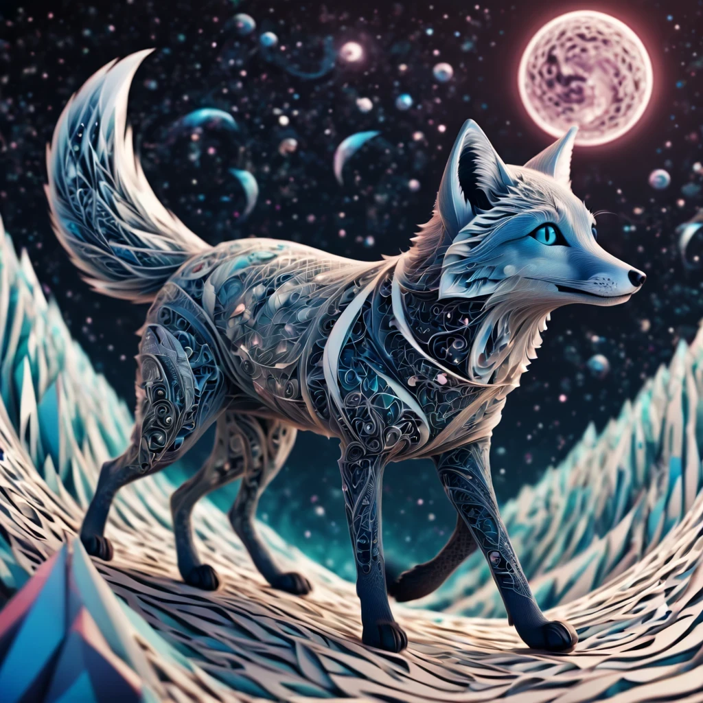 (best quality, highres, ultra sharp), magical artic fox , about the curvature of space time, walking over the area, art deco, zentangle, 3d crunch, cinematic