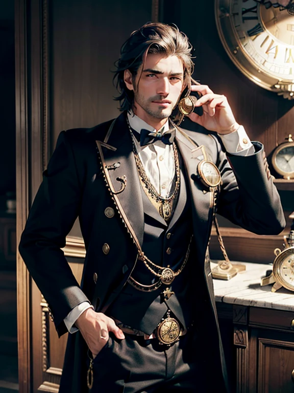 (best quality,highres:1.2),ultra-detailed,realistic,portraits,gentleman with a Roman numeral Western clock as a head,holding a pocket watch in his left hand,meticulously detailed,high level of detail,fine craftsmanship,steampunk,vivid colors,soft lighting,subtle shadows,antique texture