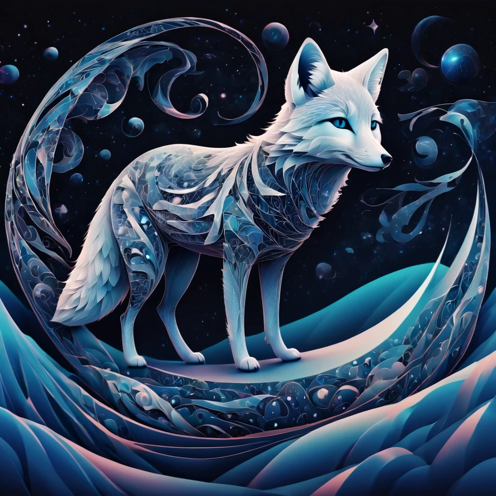 (best quality, highres, ultra sharp), magical artic fox , about the curvature of space time, walking over the area, art deco, zentangle, 3d crunch, cinematic