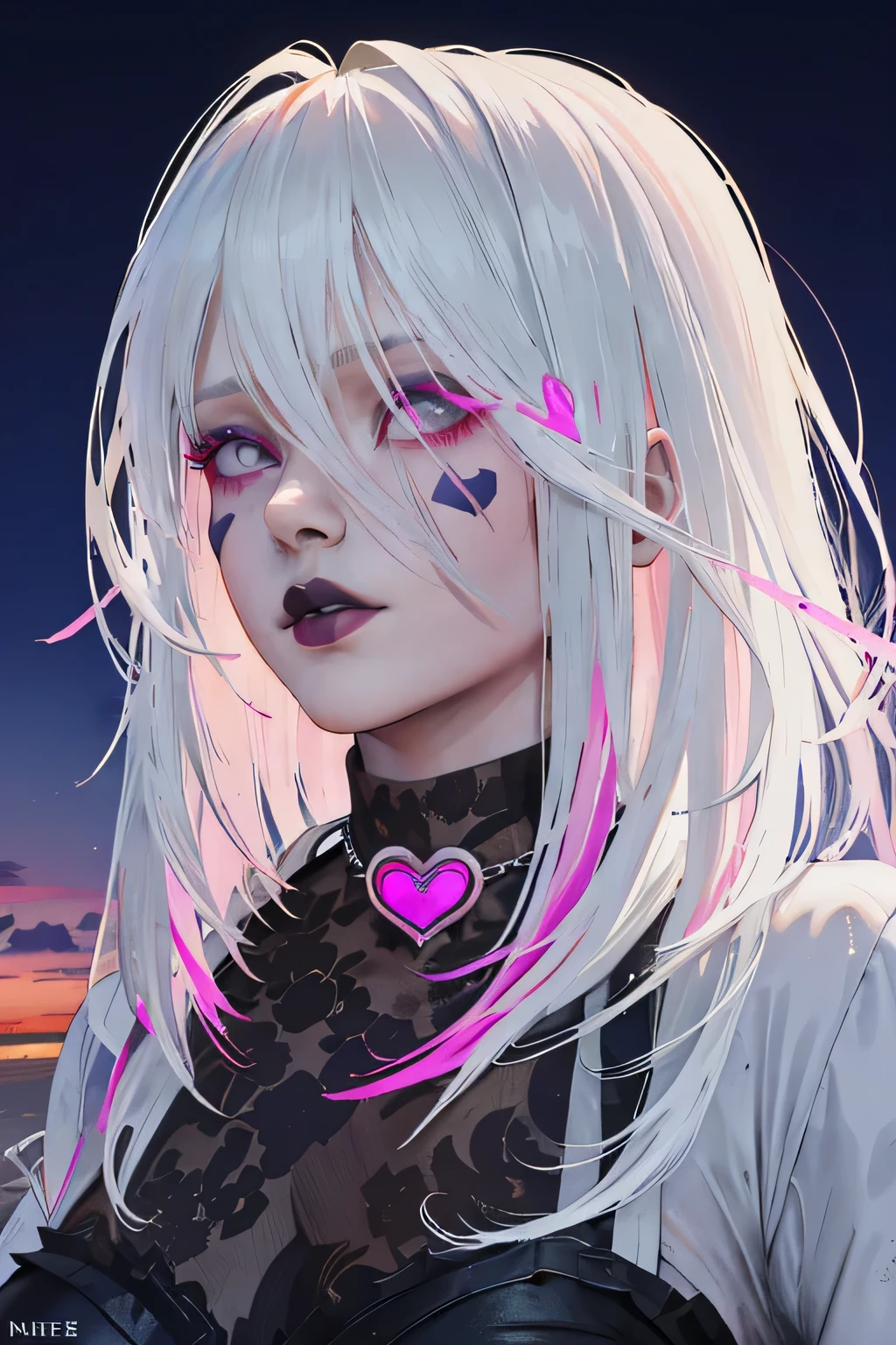 (masterpiece), (best quality), ultra res, highly detailed, turned at viewer, anime style, (face shoot), white hair with pink at the ends, gothic dress, dead by daylight sable ward, sable, (looking at viewer), heart symbol on her right side of face, dark makeup, walking in a beach with night time and romantic moonlight
