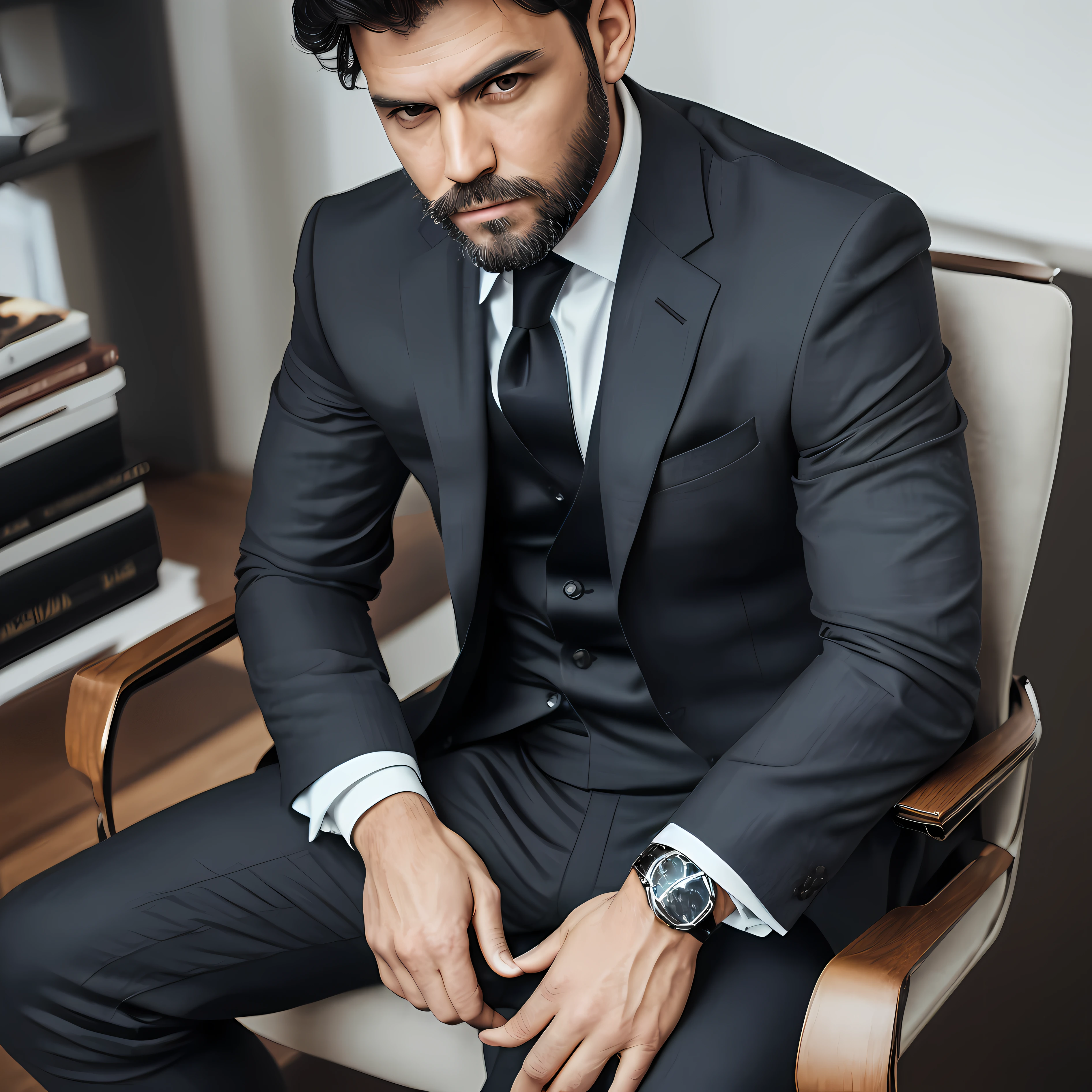 ((meio corpo)) RAW photo Ceo man sitting in an office chair, vestindo terno preto, (Usando barba escura) Cena do filme, (impeccable) ,Serious and elegante man, , com sobrancelhas masculinas grossas, (with a mysterious and serious face,) cabelo escuro curto, imagem de fundo preto escuro, elegante, ( imagem realista e de alta qualidade), ((melhor qualidade, 8K, obra de arte)