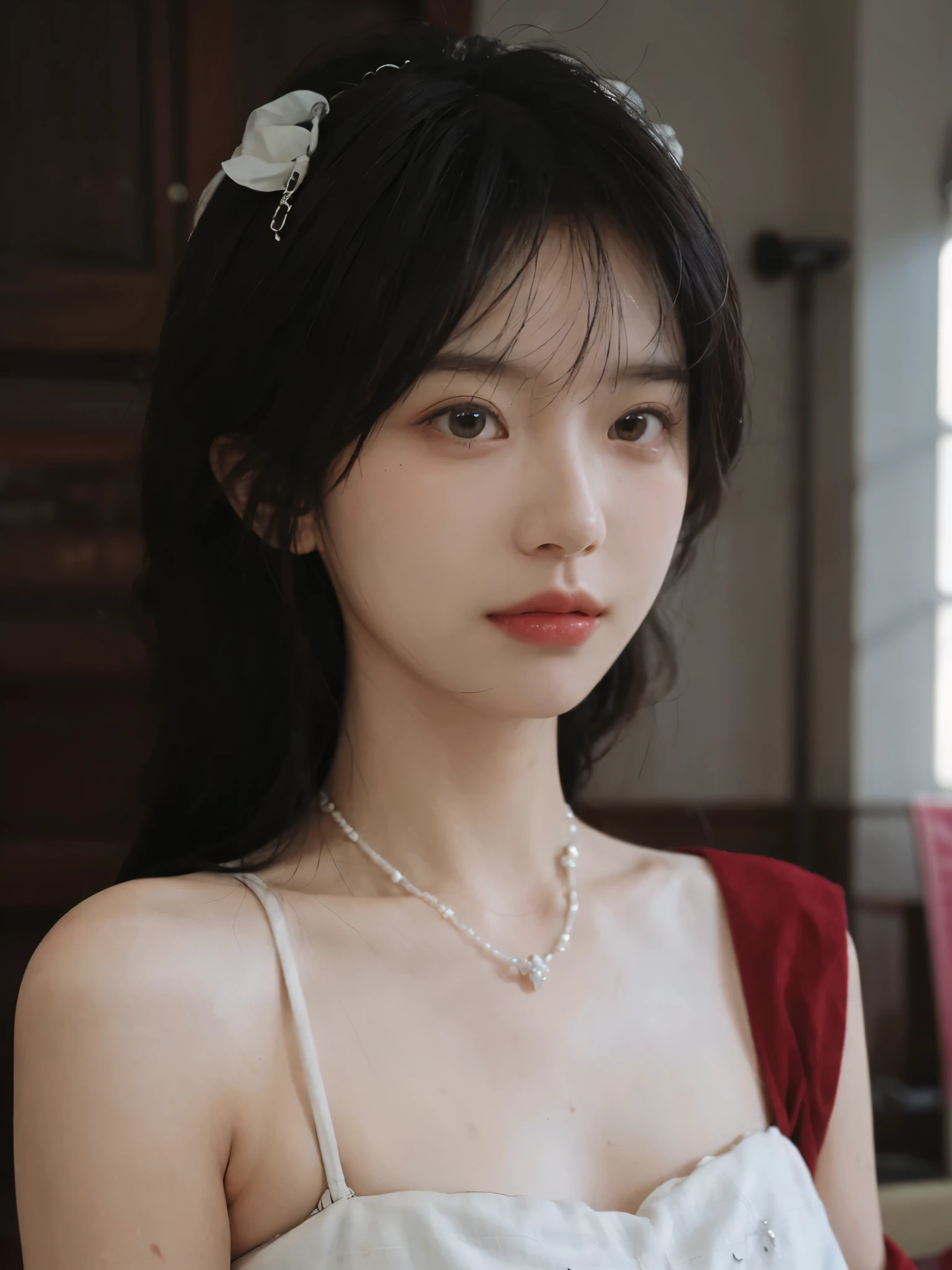 best quality， ultra high resolution， （realistically：1.4），cute hairpin，Baoyu Girl，Standing in the wedding hall，Fairy spirit fluttering，（flat chest：1.2） ，A pair of clear and charming peach blossom eyes,Royal sister，The sun shines on the face，Big wavy hairstyle，（necklace：1.2），（White skin：1.4），a sense of atmosphere，a beautiful girl，Looking directly at the viewer， Close-up cleavage ，(lifelike:1.4),1 girl,Sexy,(Upper body:1.4),(wet),(:1.2)