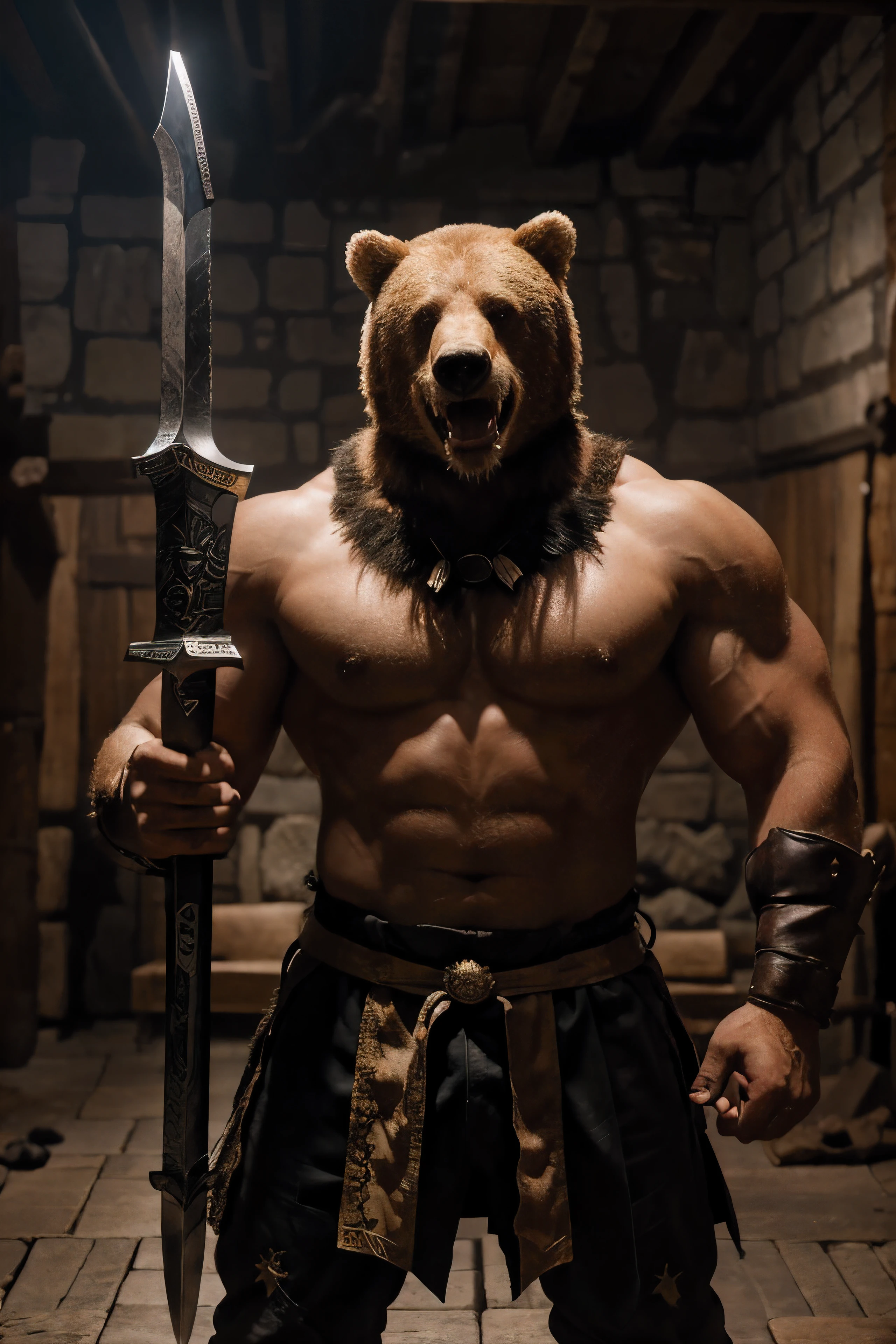 Create a hero with a two-handed sword with magical symbols embossed on it., hero strong, let us down, in an epic medieval outfit and the head of an angry bear, stands tall, holds it in front of him and bares his teeth aggressively.