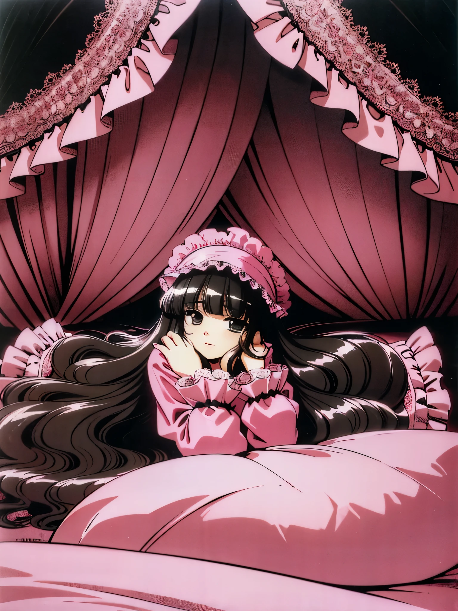 ,highest quality, masterpiece, highest resolution, artwork, super それにget used to it, many get used to it, get used to it, それにget used to it, 3K anime illustration,(( 10 year old girl)),Super detailed baby face,high quality small face,long black hair,Japanese,landmine girl,pajamas,,curly hair,((((ピンクのロリータファッションのlong skirtのワンピースドレス)))),((フリルとリボンがたっぷりついたピンクの可愛らしいpajamas)),((Luxurious pink headdress with frills and ribbons)),((((black ruffles and lace)))),detailed headdress,,(((big yoke collar))),Yoke collar with ruffles and ribbons,((((long sleeve)))),ruffle sleeves,((((long skirt)))),pink and black pillow with large ruffles and ribbons,(((Nice pink outfit))),豪華なcanopy bedの上,canopy bed,The bed is surrounded by luxurious curtains,There are many pink and black frilly pillows on the bed.,Behind the girl are many pink and black frilly pillows...,super detailed background,detailed bed,((((pink duvet with black lace and ruffles)))),soft pink comforter,Highly detailed soft ruffle pillow,Beautiful girl illustration,detailed beautiful face,thin hair,detailed eye ,detailed eyes,detailed mouth, arm details,fine hands,Detailed pillow,wide bed,Illustration on the bed, ,((((round futon)))),((((A large pink futon that covers the entire bed)))),detailed comforter,detailed bedシーツ,Before bedtime,romantic atmosphere,palace bedroom,((((The lower body is hidden under a large futon....)))) The girl is leaning on a pile of pillows, ,((((round futon)))),((((Large pink ruffle comforter with black ruffles and lace covering the entire bed)))),look at me with contempt,Hold your hands,bring both hands close to the mouth,