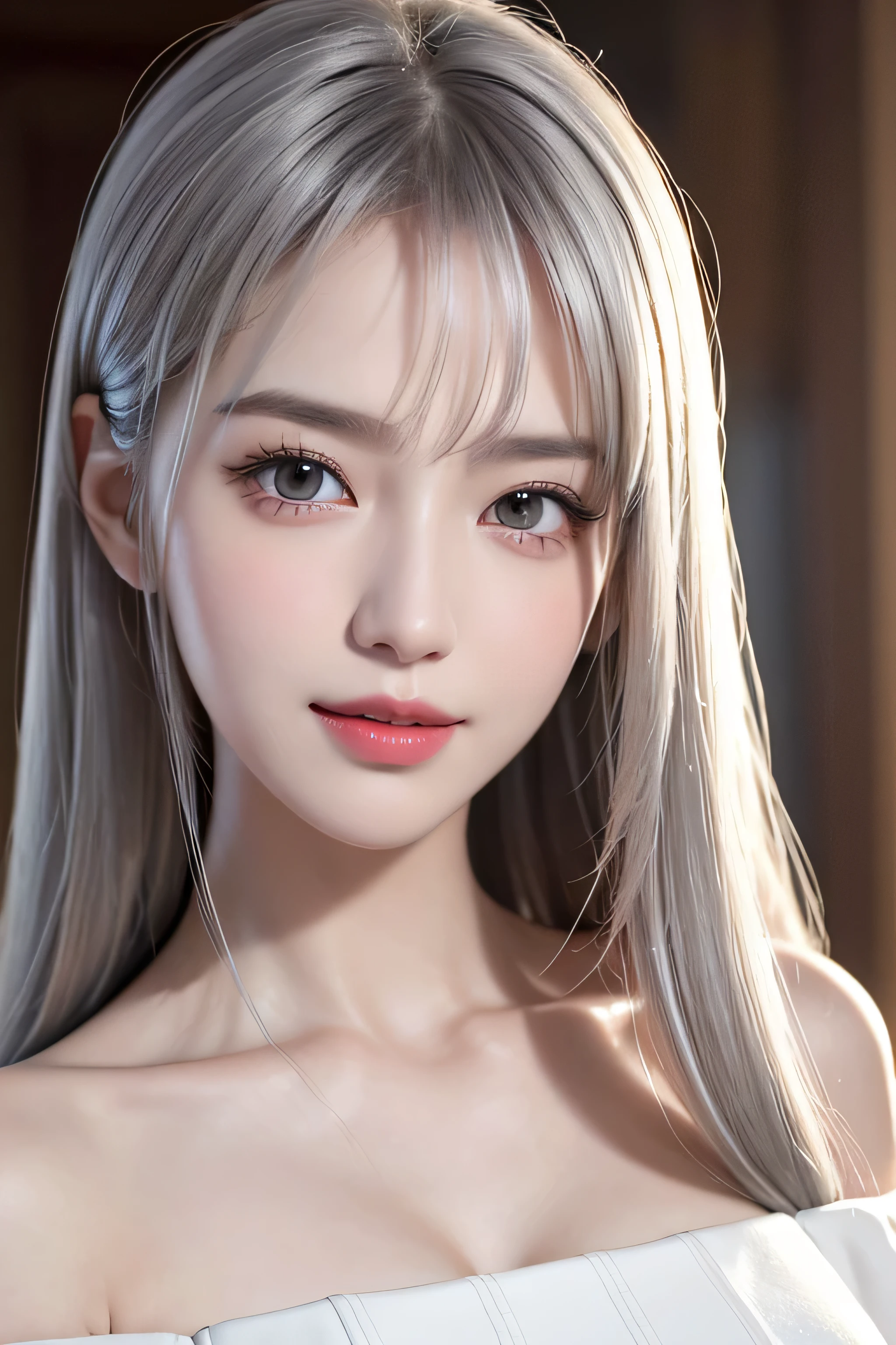 (8k, to be born, realistic: 1.25), ((striped white hairs)), (Thin lip gloss, thin eyebrows, eyelash, tear bag, sharp bangs, shiny face, shiny skin, highest quality, ultra high resolution, Depth of written boundary, chromatic aberration, caustics, wide lighting, natural shading, K-POPアイドル) 、high detail hair（premium hair detail：1.1, tie hair with hands, long hair, smile, Small devil, 家の中highest qualityの仕事，realistic work，Ultra premium graphics，8K HD CG作品，high quality graphics，High-definition CG works，10x pixels，super fine details：1.1，Advanced technical details：1.1Real as a photo，indoor lighting effects：1.5，Natural light：1.5. light effect（virtual light effect：1.8），超A high resolution，shiny red dress，長いsilver hair，silver hair，transparent hair，high detail hair（premium hair detail：1.1）clear eyes，beautiful double eyelids，sharp eye makeup, eyelashの繊細なメイクアップ, thin eyebrows, highly detailed eyes，high nose, nice red lips, A face with delicate makeup , cute face, perfectly proportioned face,,(off shoulder pure white dress),(smile)smile、
