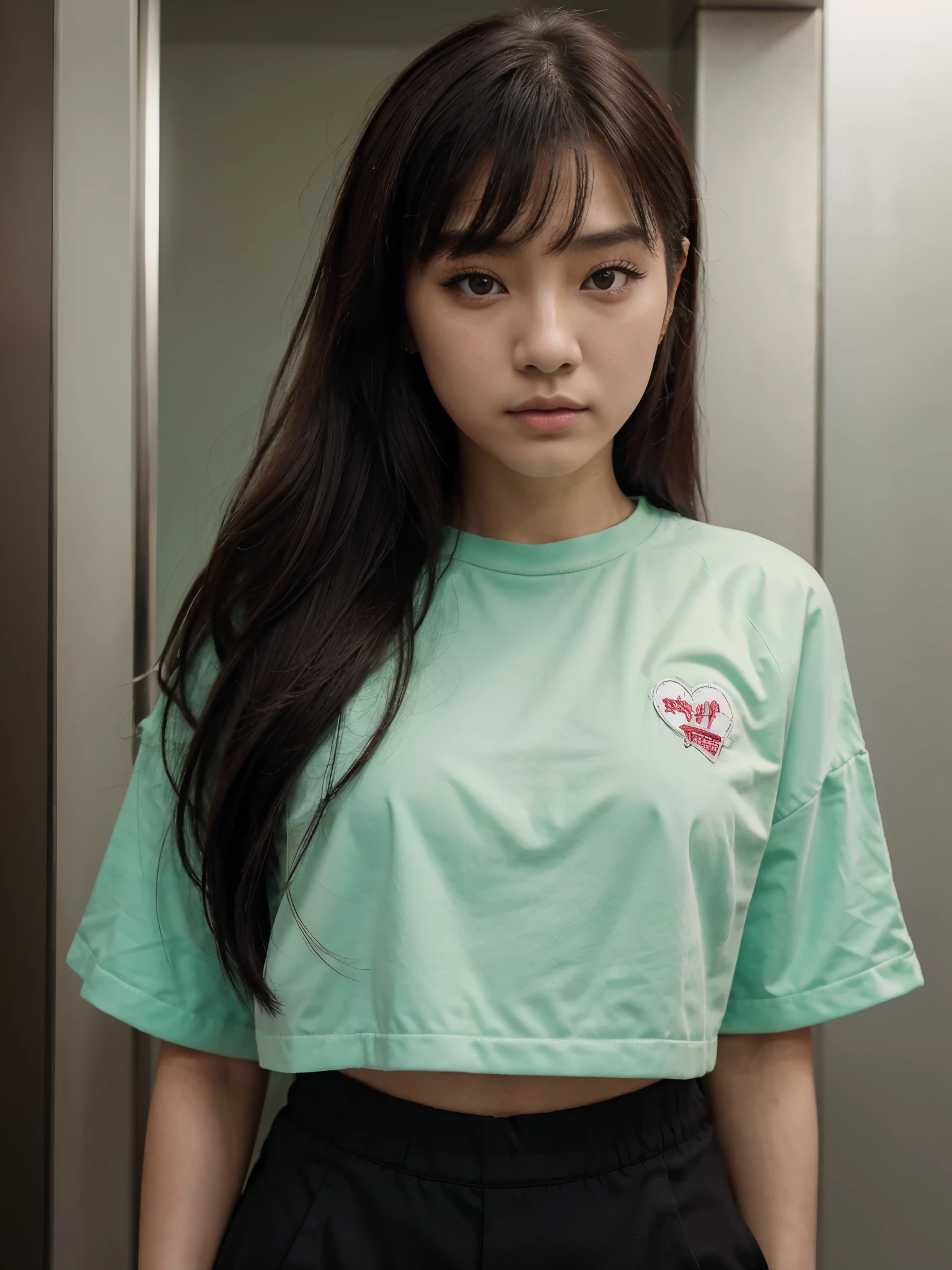 Imagen de una chica coreana con ojos almendrados y astutos de color verde que emanan una mirada intensa y cautivadora. His expression is intense and seductive, with a small, upturned nose, full heart-shaped lips and a thin, defined jaw. Besides, tiene cabello negro largo, liso y sedoso. La imagen debe parecer tomada desde arriba, as if it were from an elevator security camera, y la persona debe llevar ropa estilo streetwear.
