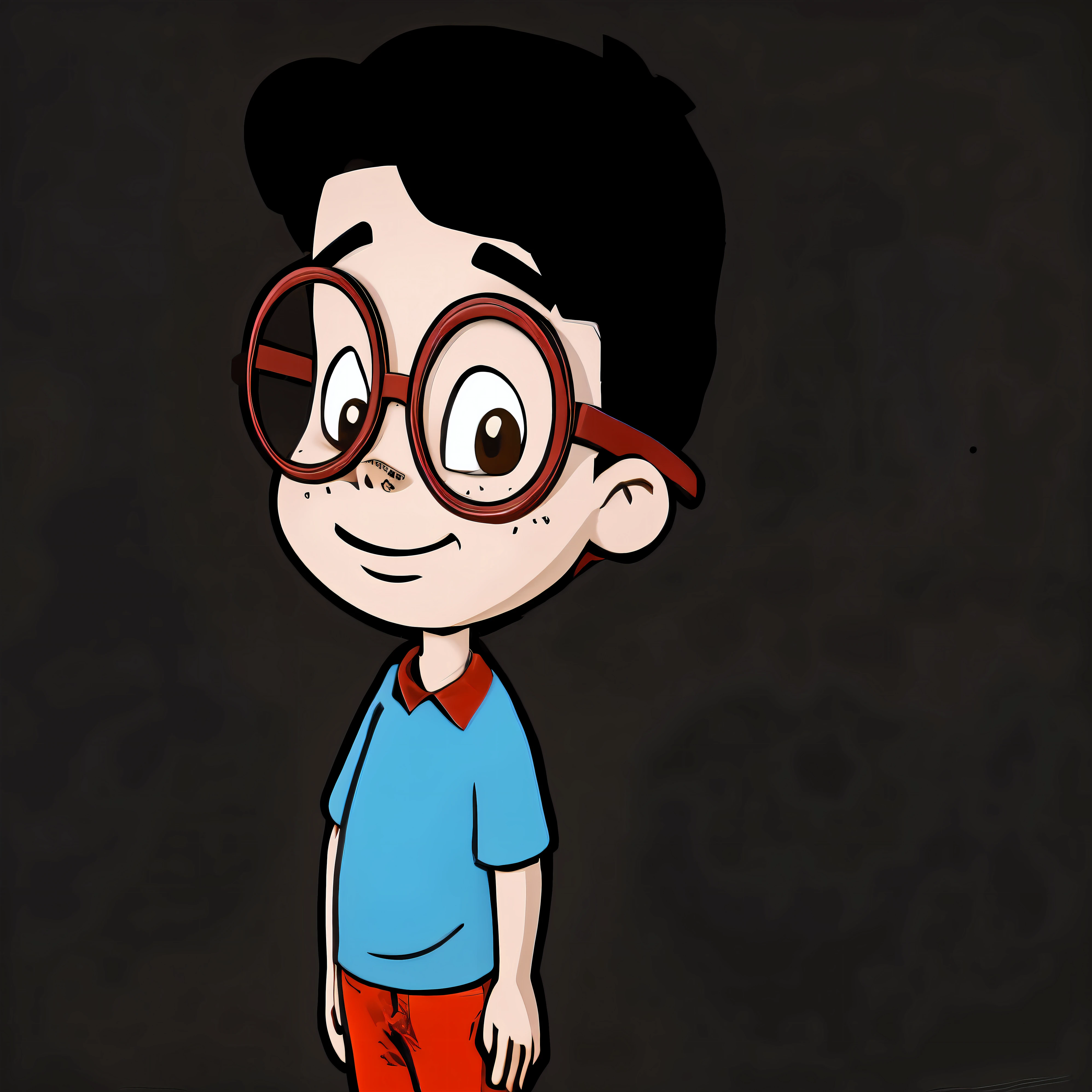 cartoon boy with glasses and a blue shirt in front of a black background, in estilo de desenho animado, desenho animado 2d, Desenho animado 2D, Personagem de desenho animado, estilo de desenho animado illustration, animation character, simple estilo de desenho animado, desenho animado ainda, estilo de desenho animado, cute Personagem de desenho animado, estilo de arte dos desenhos animados, inspirado em Leo Leuppi, 2D rendering, pintura digital de desenho animado, sombreamento de desenho animado