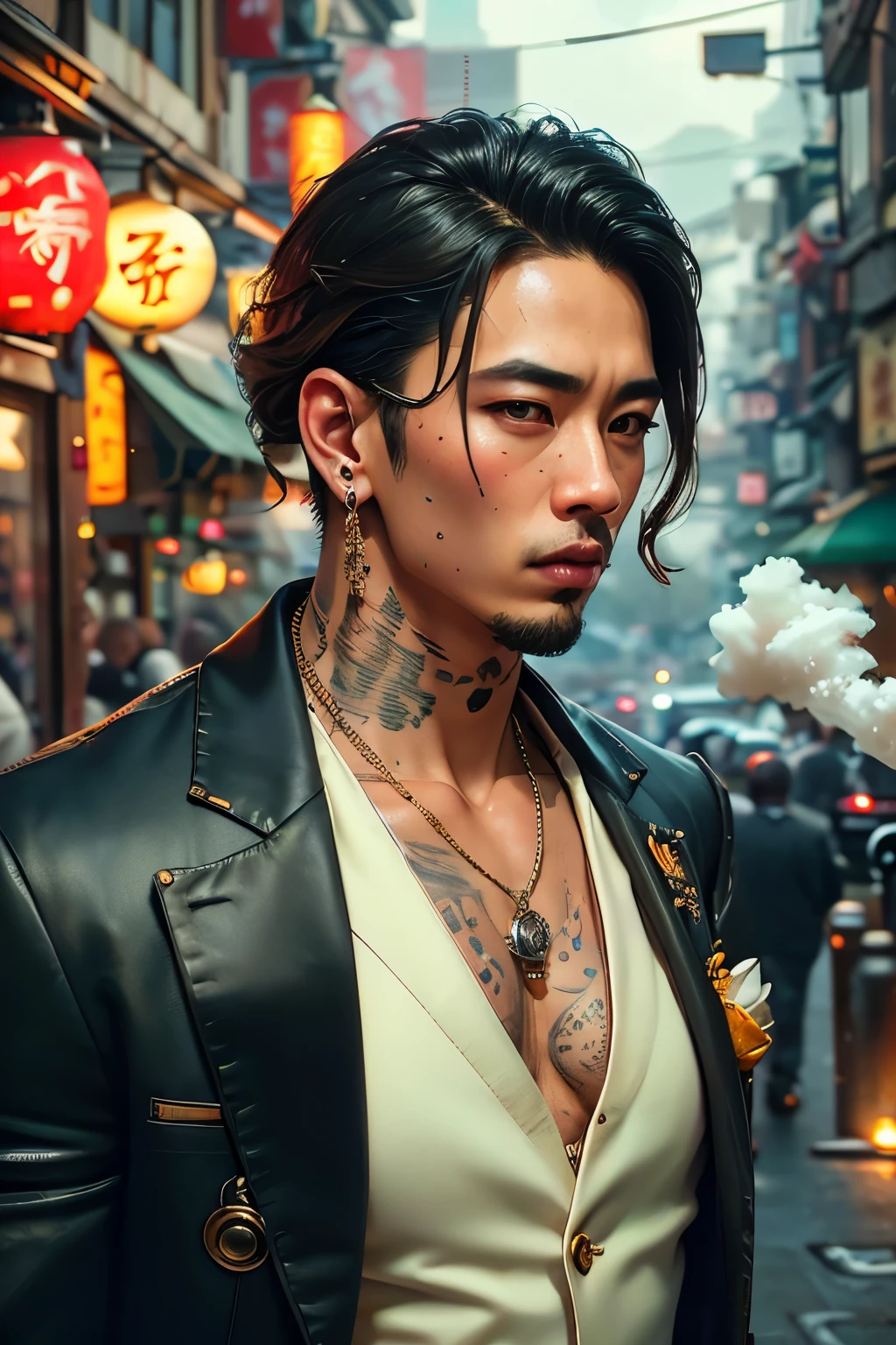 (8k photo, best quality, masterpiece:1.2), (realistic, photo-realistic:1.37) young, handsome man, Mark Tuan, Got7, Asian skin tone, detail face, grey bright eye, Black hair, White suit, bad boy, yakuza, tattoo, smoke cigarette, a lot of gangster night town in backdrop, action pose, skull earring, necklace,