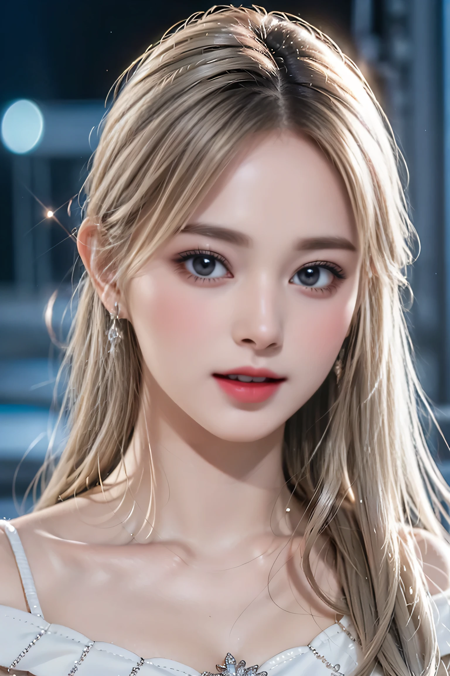 top quality work,Real work,Ultra premium graphics,8K HD CG作品,high quality graphics,High-definition CG works,10x pixels,super fine details:1.1,Advanced technical details:1.1Real as a photo,indoor lighting effects:1.5,Natural light:1.5. light effect(virtual light effect:1.8),長いsilver hair,silver hair,transparent hair,high detail hair(premium hair detail:1.1)clear eyes,beautiful double eyelids,sharp eye makeup, delicate eyelash makeup, thin eyebrows, highly detailed eyes,high nose, nice red lips, A face with delicate makeup , cute face, perfectly proportioned face,,(off shoulder pure white dress),