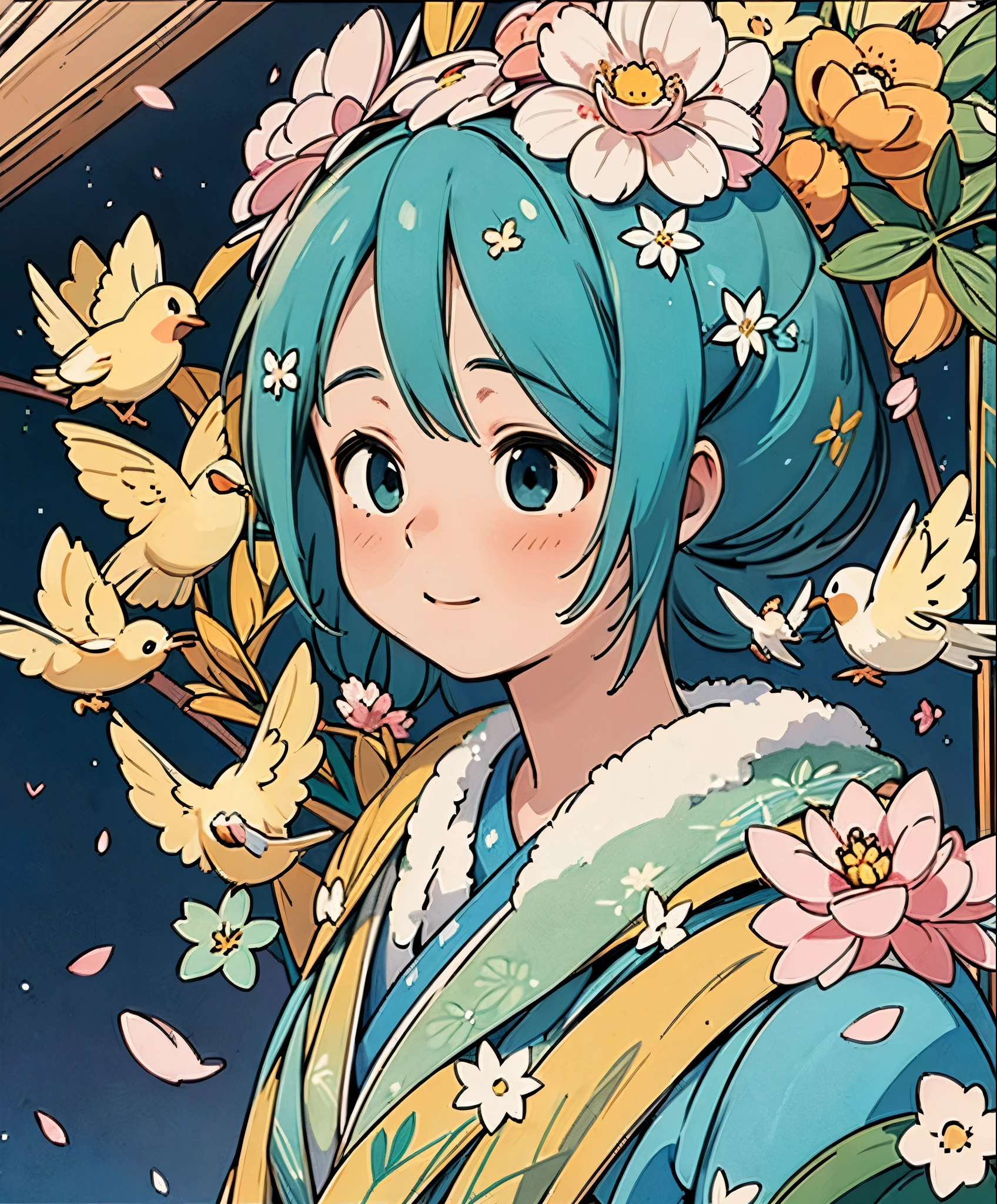 (masterpiece、highest quality、highest quality、official art、beautiful beautiful:1.2)、(1 girl:1.3)Hatsune Miku、twin tailaster piece}}}}, {{{super detailed}}}, {{{High sharpness}}}, {{excellent anatomy}}, (((best quality))), ((very elegant and beautiful)), {{very detailed and sophisticated}}, {8K CG壁紙}, {{enlightenment}},the only person,night,in the room,I'm shy,enjoying,teenage girl,magical,The edges of the petals,adorable,bright colors,kindness,Highly detailed CG 8k wallpaper,best quality,master piece,High resolution,(japanese clothes:1.2),Floral,Bird motifs,Plant motifs