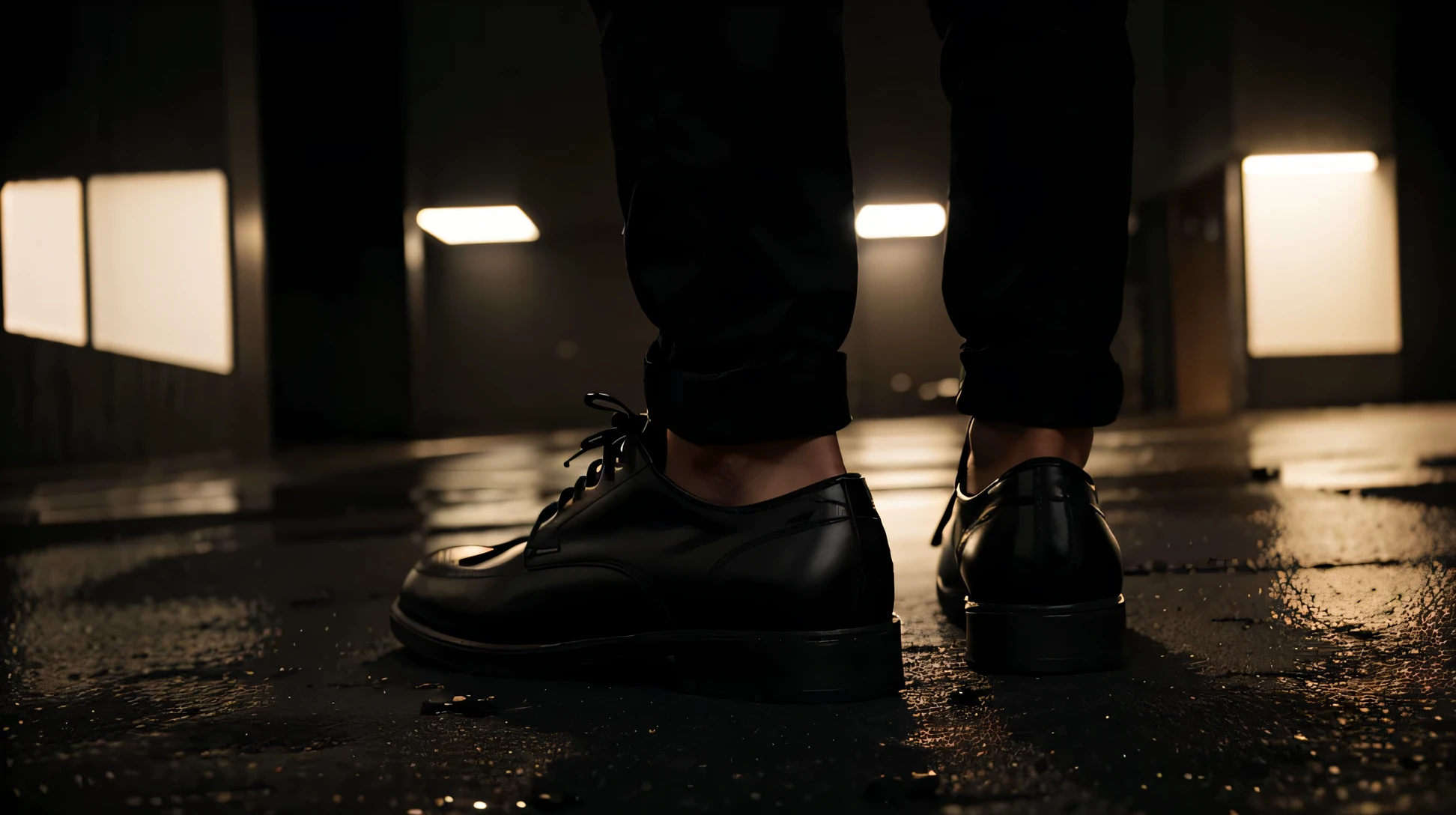 black elegant man shoe in black background, isolated, front side angle, soft lighting, really dark setting, with flood light illuminating the subject, light blurred background, wide angle shot, 8k, reolution, high resolution, absurd-resolution