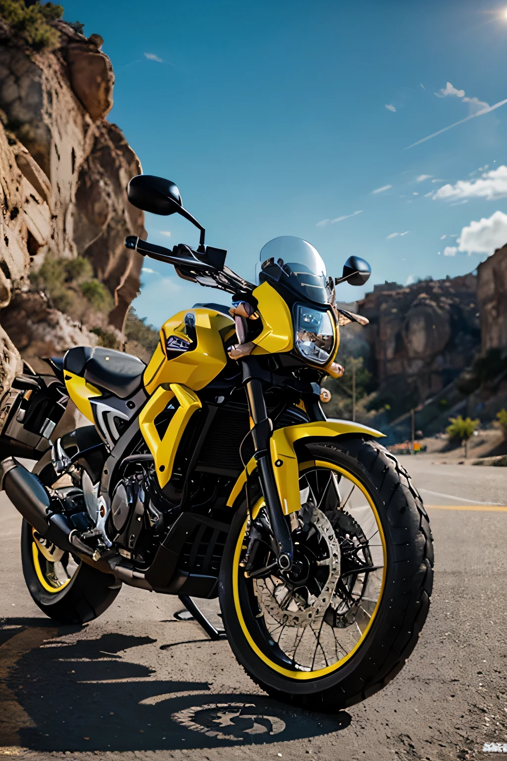 un primer plano de una motocicleta estacionada sobre una playa, moto dakar, armadura negra con detalles en amarillo, Render 3D de Jerma 9 8 5, azabache - piel negra, turismo, con detalles de color fluo, Bold graphics, negro. amarillo, Vista lateral, glossy amarillo, negro and amarillo, atardecer
