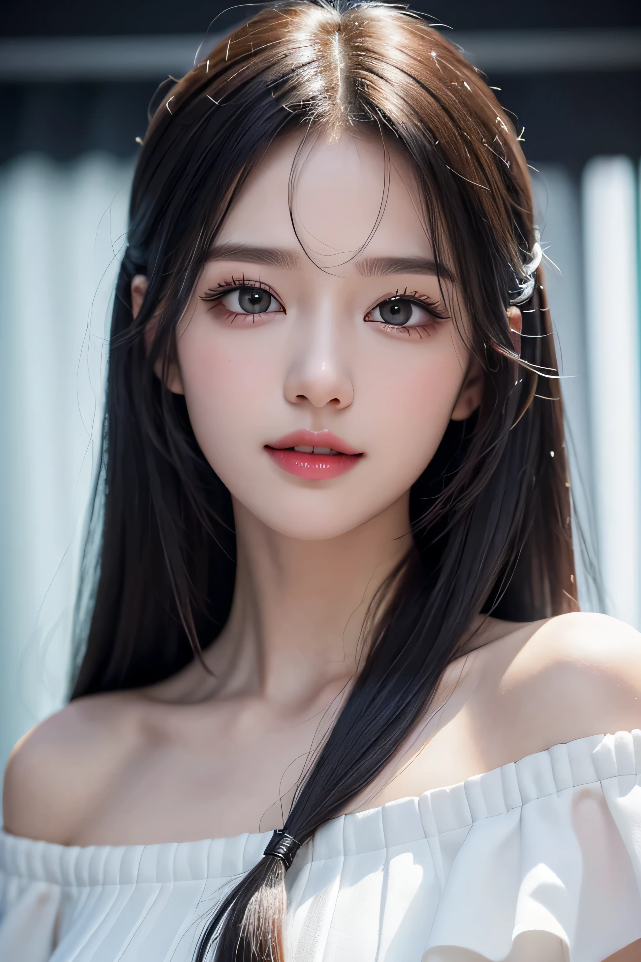 (8k, to be born, realistic: 1.25), ((striped white hairs)), (Thin lip gloss, thin eyebrows, eyelash, tear bag, sharp bangs, shiny face, shiny skin, highest quality, ultra high resolution, Depth of written boundary, chromatic aberration, caustics, wide lighting, natural shading, K-POPアイドル) Glasses, Calm, tie hair with hands, long hair, smile, Small devil, 家の中highest qualityの仕事,realistic work,Ultra premium graphics,8K HD CG作品,high quality graphics,High-definition CG works,10x pixels,super fine details:1.1,Advanced technical details:1.1Real as a photo,indoor lighting effects:1.5,Natural light:1.5. light effect(virtual light effect:1.8),超A high resolution,shiny red dress,長いsilver hair,silver hair,transparent hair,high detail hair(premium hair detail:1.1)clear eyes,beautiful double eyelids,sharp eye makeup, eyelashの繊細なメイクアップ, thin eyebrows, highly detailed eyes,high nose, nice red lips, A face with delicate makeup , cute face, perfectly proportioned face,,(off shoulder pure white dress),(smile)smile、
