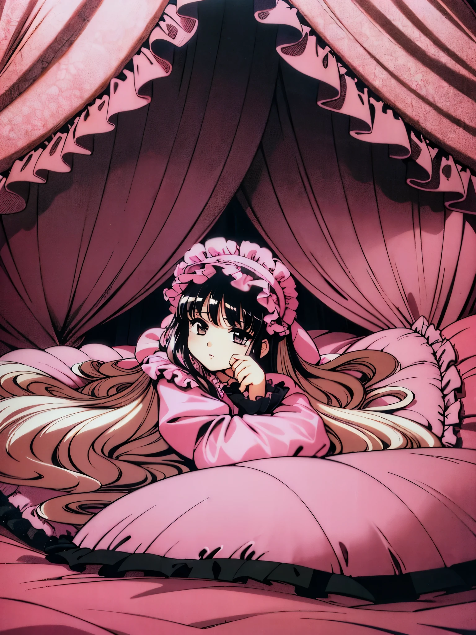 ,highest quality, masterpiece, highest resolution, artwork, super それにget used to it, many get used to it, get used to it, それにget used to it, 3K anime illustration,(( 10 year old girl)),Super detailed baby face,high quality small face,long black hair,Japanese,landmine girl,pajamas,,curly hair,((((Pink Lolita Fashion Long Skirt One Piece Dress)))),((Cute pink pajamas with lots of frills and ribbons)),((Luxurious pink headdress with frills and ribbons)),((((black ruffles and lace)))),detailed headdress,,(((big yoke collar))),Yoke collar with ruffles and ribbons,((((long sleeve)))),ruffle sleeves,((((long skirt)))),pink and black pillow with large ruffles and ribbons,(((Nice pink outfit))),On a luxurious canopy bed,canopy bed,The bed is surrounded by luxurious curtains,There are many pink and black frilly pillows on the bed.,Behind the girl are many pink and black frilly pillows...,super detailed background,detailed bed,((((pink duvet with black lace and ruffles)))),soft pink comforter,Highly detailed soft ruffle pillow,Beautiful girl illustration,detailed beautiful face,thin hair,detailed eye ,detailed eyes,detailed mouth, arm details,fine hands,Detailed pillow,wide bed,Illustration on the bed, ,((((round futon)))),((((A large pink futon that covers the entire bed)))),detailed comforter,detailed bedシーツ,Before bedtime,romantic atmosphere,palace bedroom,((((The lower body is hidden under a large futon....)))) The girl is leaning on a pile of pillows, ,((((round futon)))),((((Large pink ruffle comforter with black ruffles and lace covering the entire bed)))),look at me with contempt,Hold your hands,bring both hands close to the mouth,