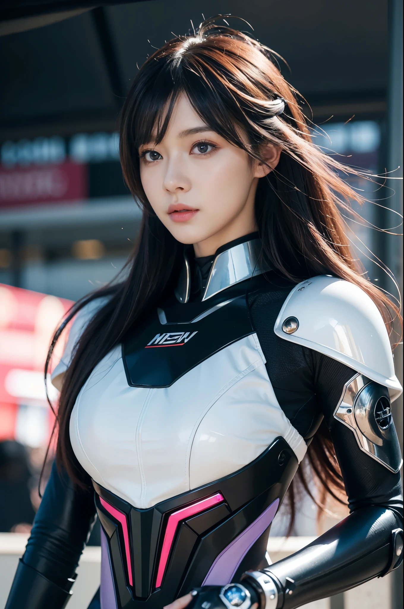 masterpiece, highest quality, figure, detailed and beautiful eyes, colorful background, mechanical prosthesis, Mecha coverage, A dark purple color appears on the other side of the white fur., pig tail, messy hair, Fluorescent purple, cool moves, rosy red eyes, Beautifully detailed cyberpunk city, colorful hair, beautiful delicate shine, 1 girl, No expression, cold look, Insanity, long bangs, long hair, race, dynamic composition, motion, super detailed, incredibly detailed, lots of details, Amazing details and brushstrokes, Smooth, HD semi-realistic anime CG concept art digital painting, Cyborg style,