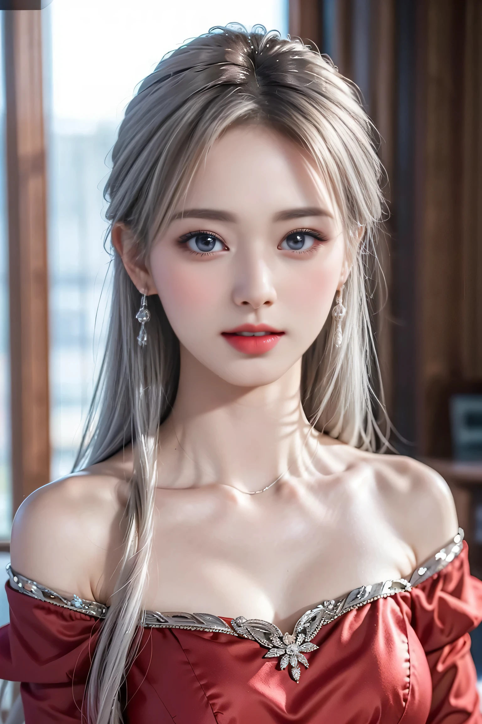 View, panorama, perspective, Depth of the bounds written, bust, Upper body, cinematic angle, table top, highest quality, super detailed, nffsw, 8k wallpaper, beautiful face, delicate eyes, landmine, alone, smile, silver hair, golden eyes, Fair skin, hair, red scarf, white evening dress, rose畑, Red flower, rose, flower garden, petal, 飛んでいるpetal, smile
