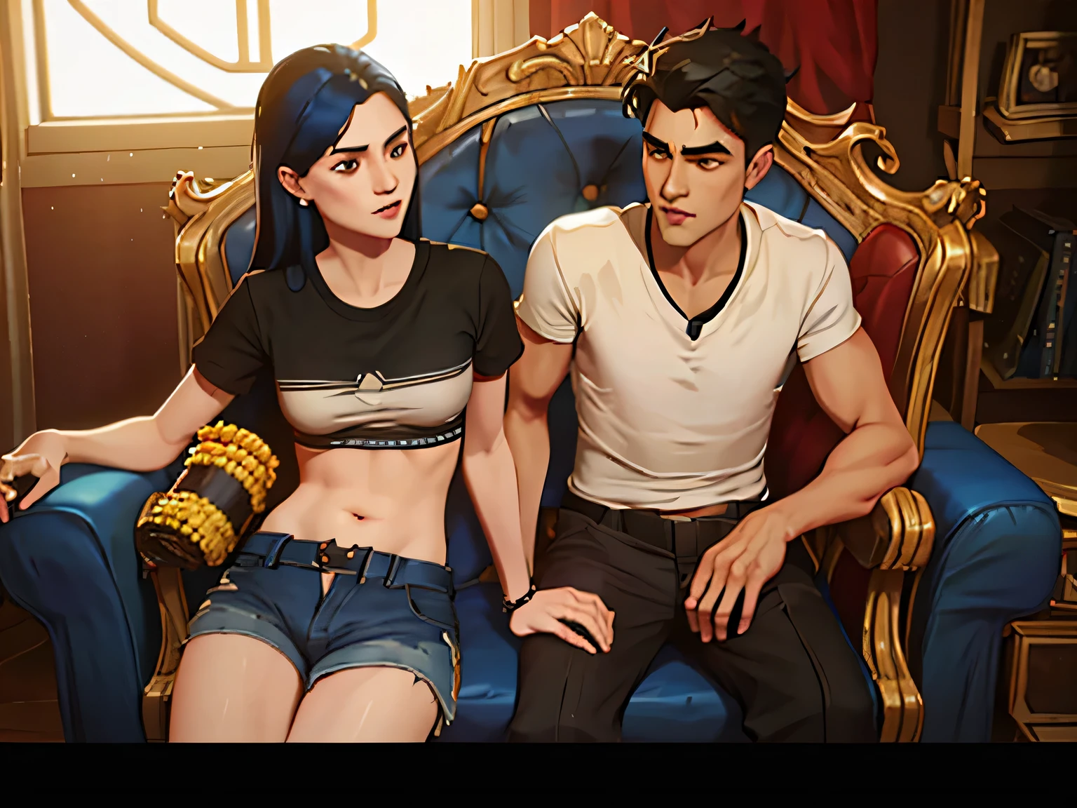 1 chico, 1 chica, Pareja, amantes, pelo negro, black camisa, blue Bermudas, Brown eyes, Pechos, pelo largo, blue Bermudas, anillo en el abdomen, bottoming camisa, camisa, mangas cortas, ombligo, sandalias, Bermudas, They are sitting in a modern red armchair, Watch a movie, they eat corn chips